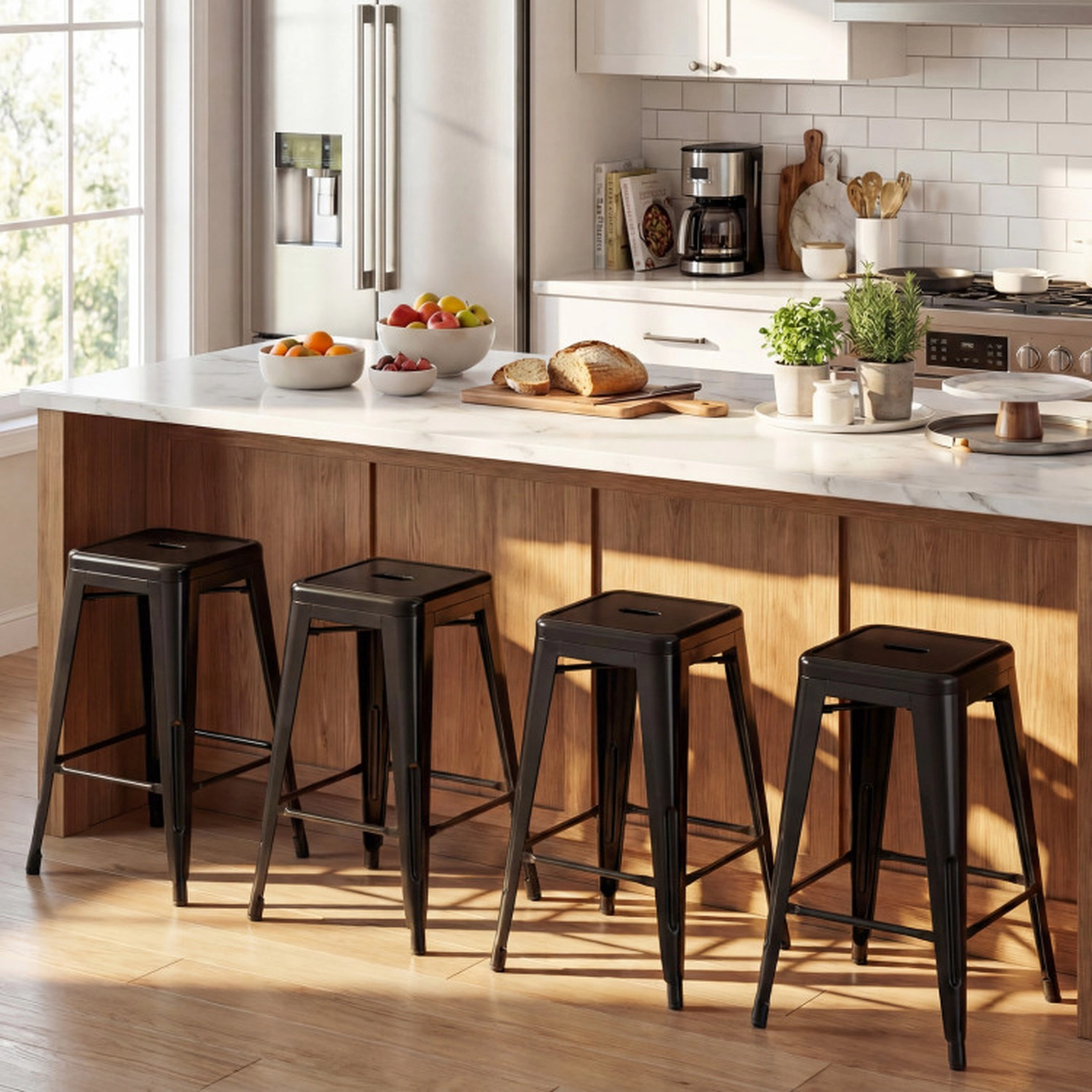 SUGIFT Set of 4 24-Inch Counter-Height Stackable Metal Bar Stools, Removable Backrests