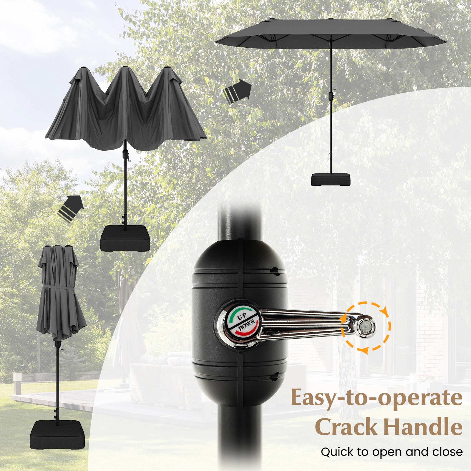 SUGIFT 13 ft Gray Rectangular Double-Sided Patio Umbrella with Crank Lift, 12 Ribs and Fillable Base