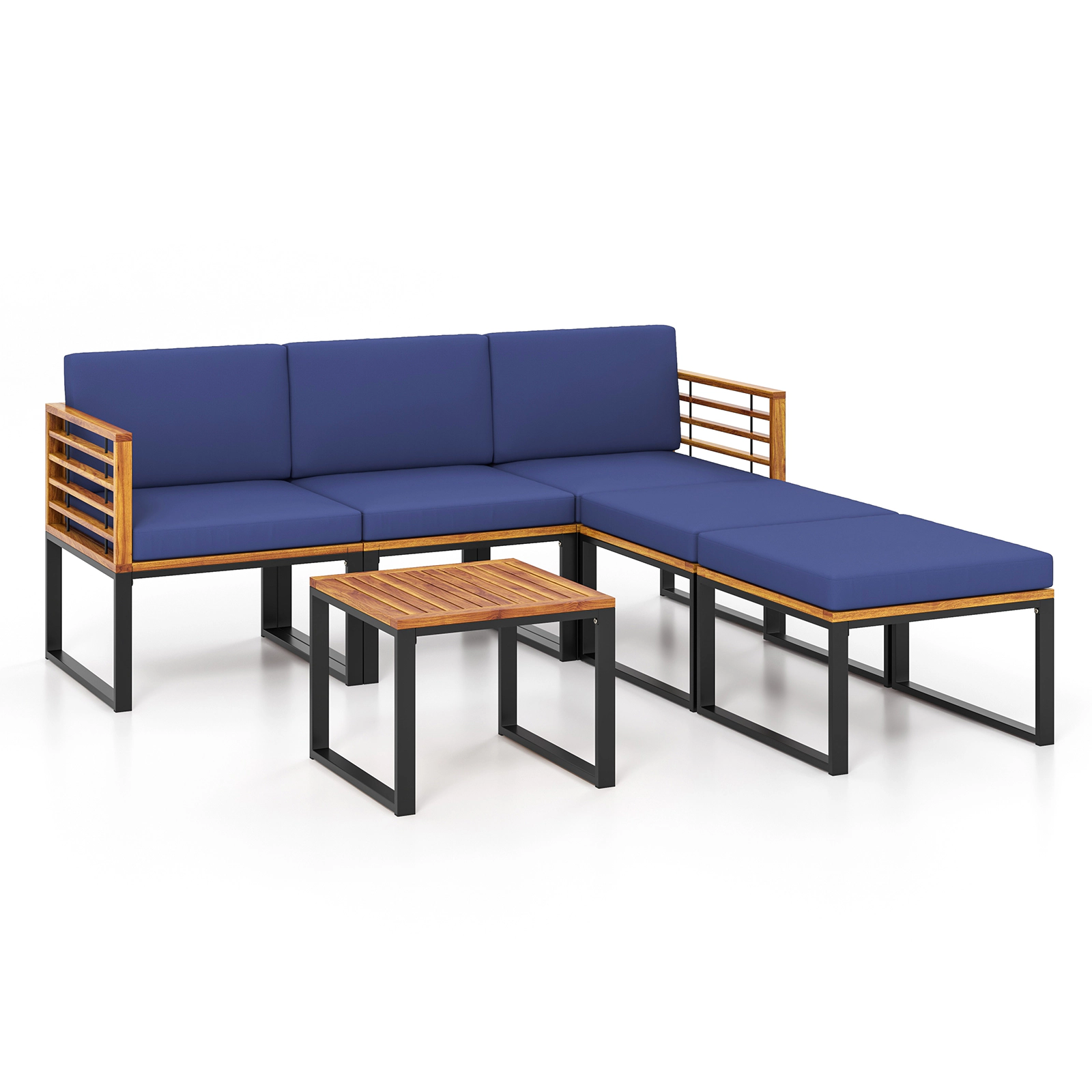 SUGIFT 6-Piece 400-lb Seat Capacity Navy Acacia Wood Patio Sectional Sofa Set with 2 Ottomans and Table