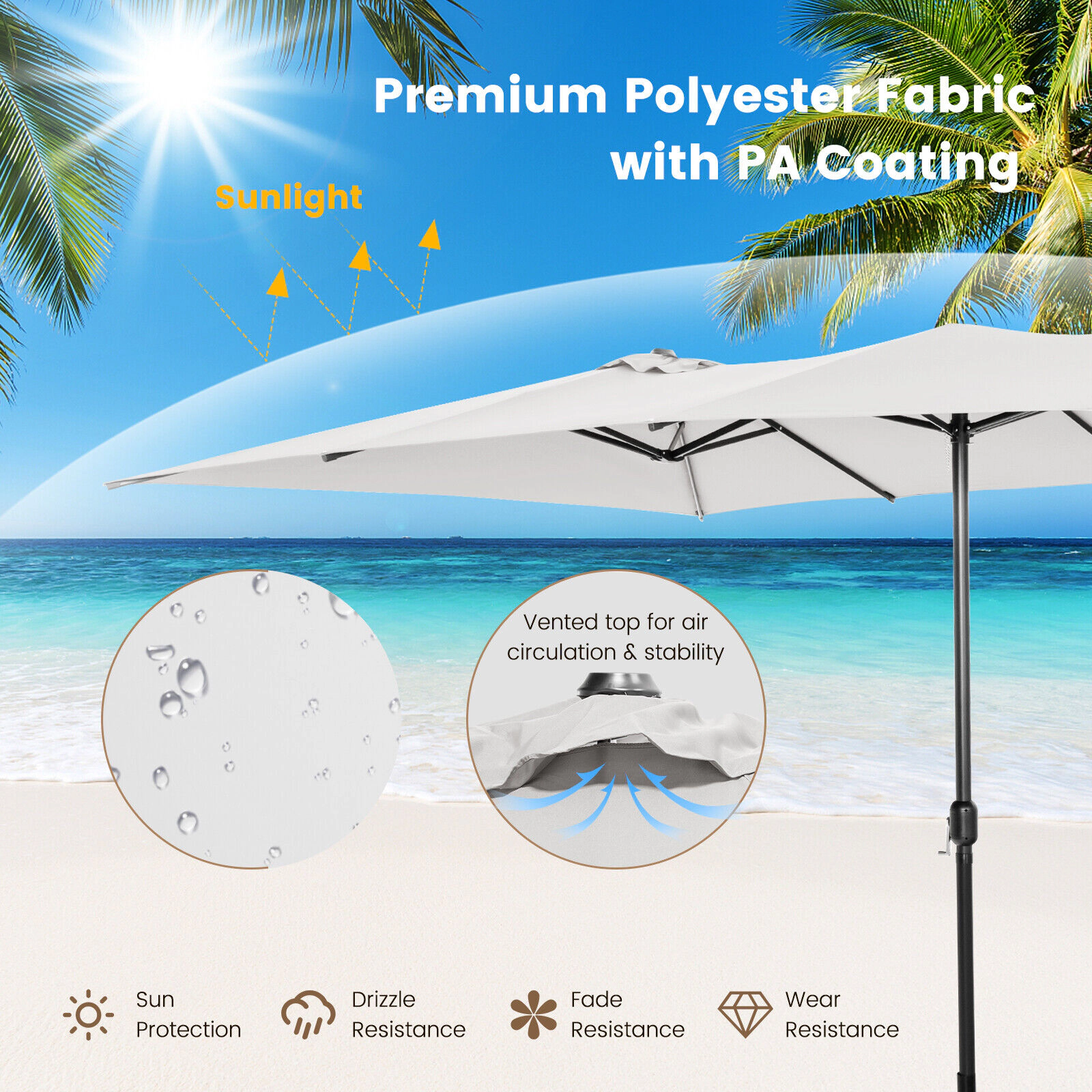 SUGIFT Beige 15 ft Double-Sided Patio Umbrella with Crank Handle and Vented Tops