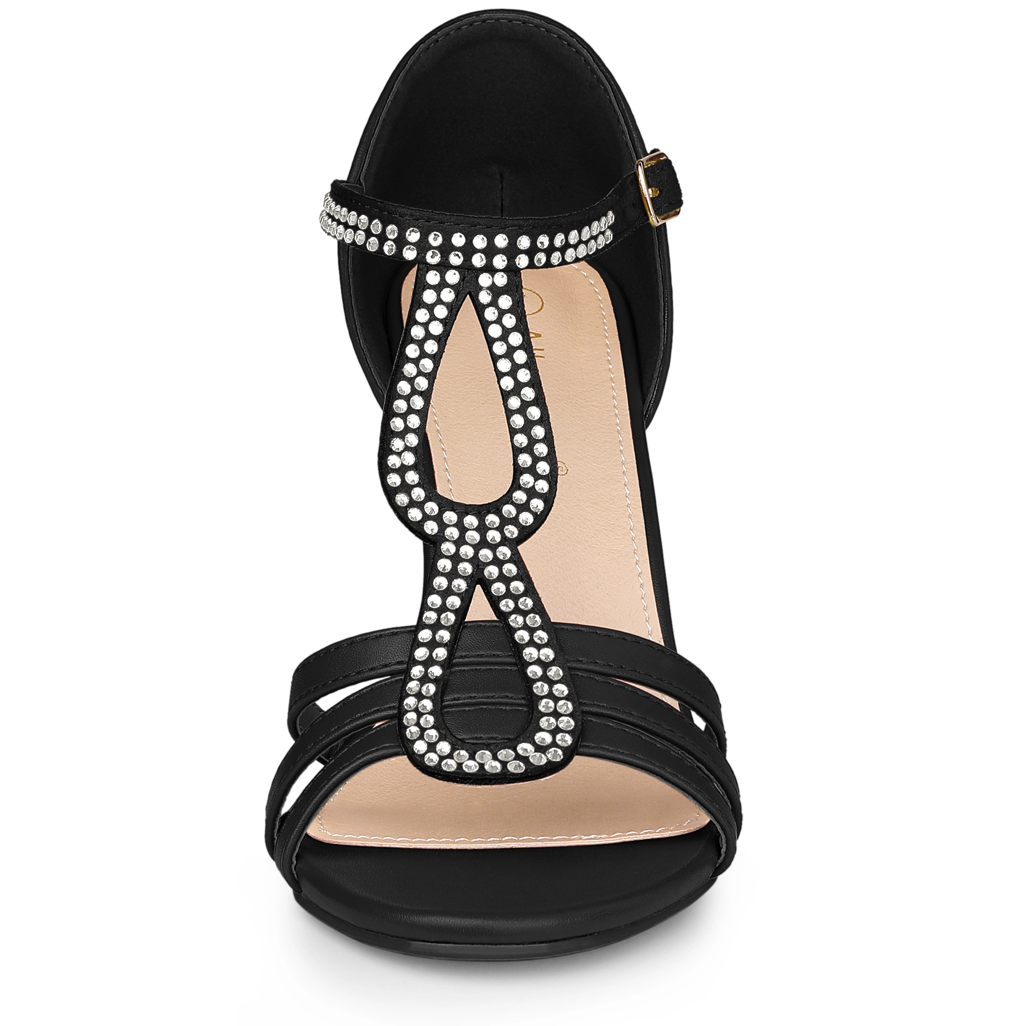 BLISSFUL STEP Women's Rhinestone Ankle Strap Open Toe Stiletto Heels Sandals