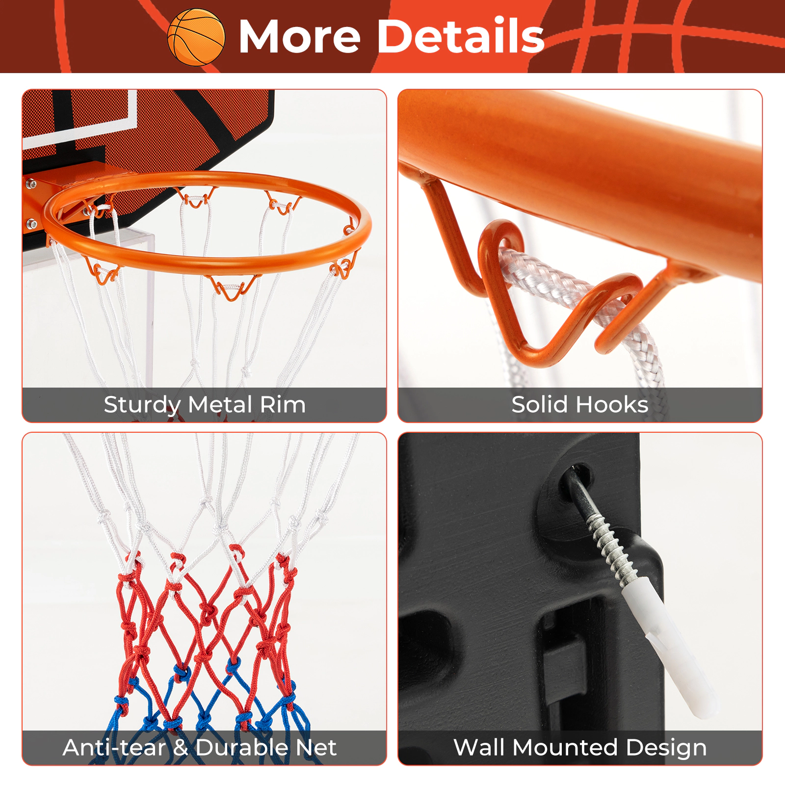 SUGIFT Orange Wall Mounted Basketball Hoop with Shatterproof PE Backboard and All Weather Net 26-in W 17.5-in H