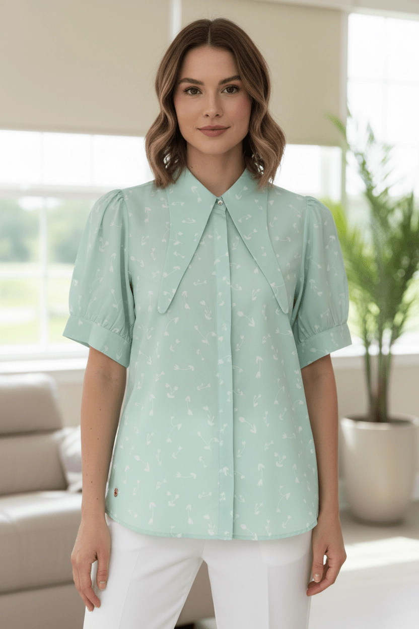 DressAtR Women's High Neck Long Collar Button Front Elbow Sleeve Blouse
