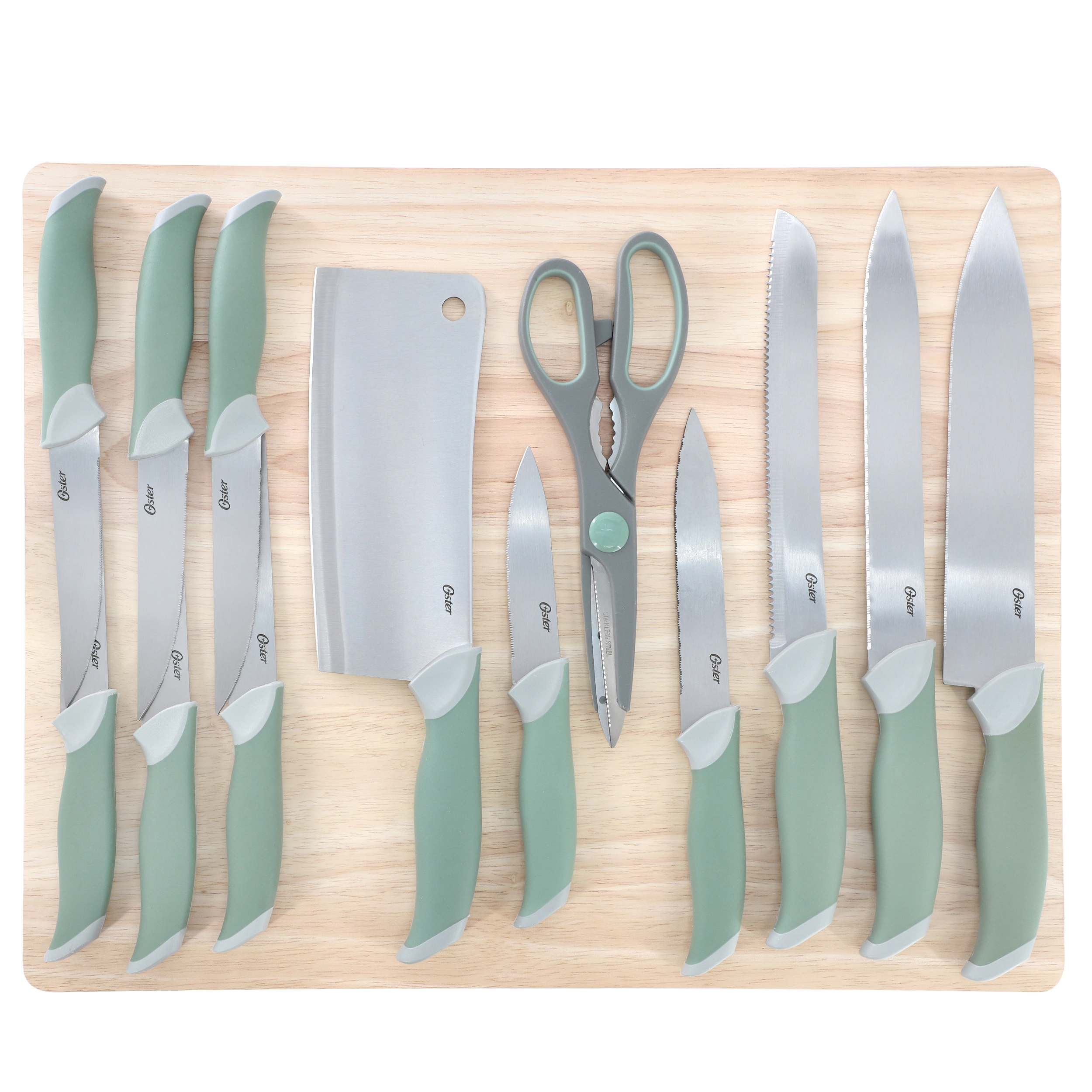 Oster Linbergh 14 Piece Stainless Steel Cutlery and Cutting Board Set in Green with Soft-Grip Handles