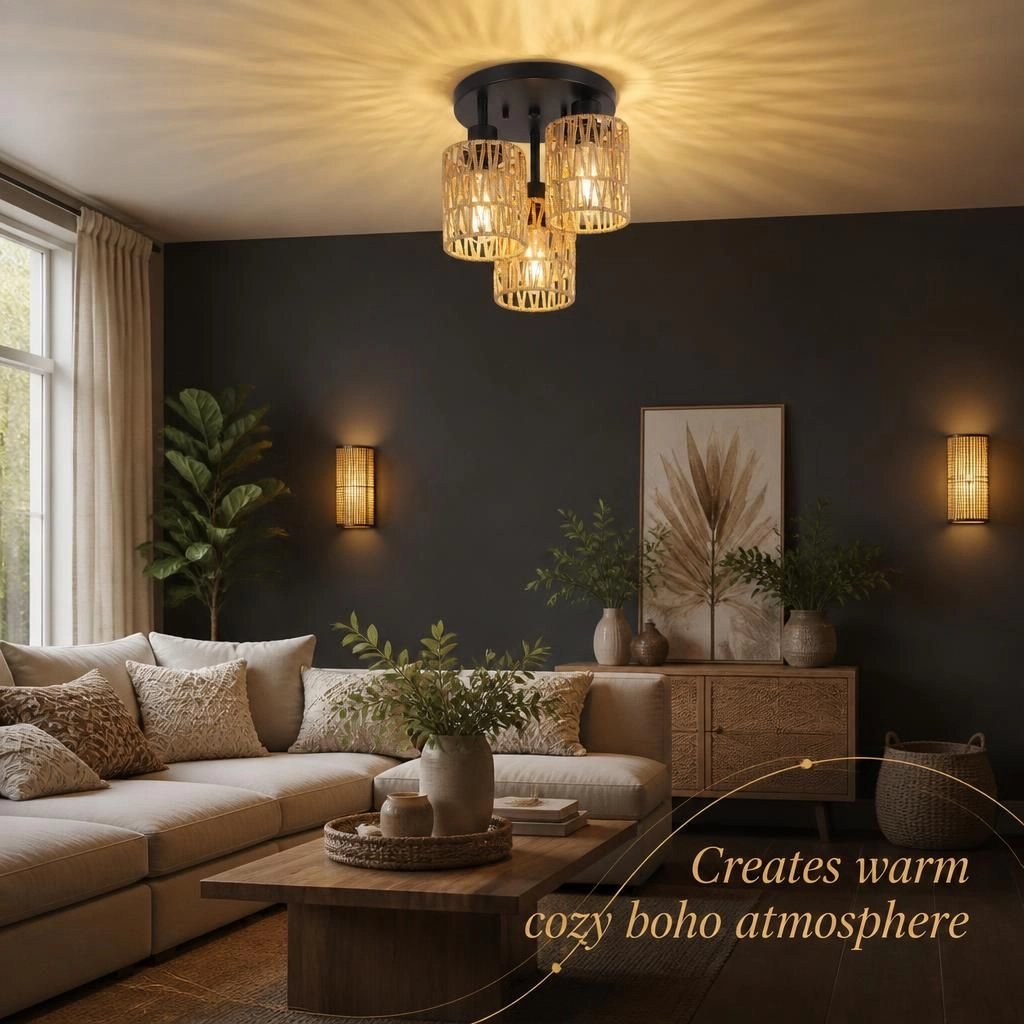 ELEMENT ACE Round Woven Rattan Metal Ceiling Light