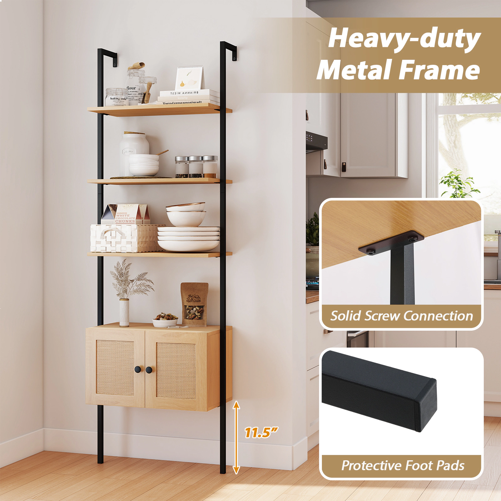SUGIFT Natural 5-Tier Ladder Bookcase with PE Rattan Cabinet and Metal Frame