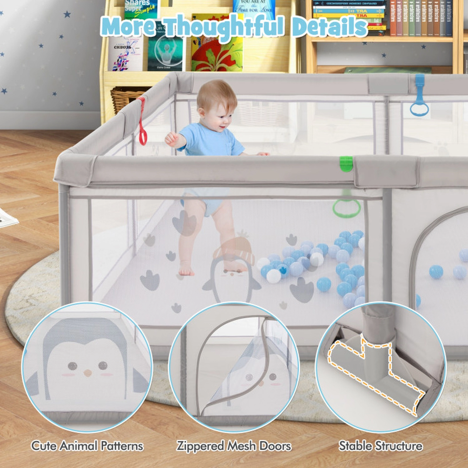 SUGIFT Baby Penguin Pattern Mesh 4 Pull Rings 50 Ocean Balls Large Playard 81-in x 57.5-in x 27-in Ages 0-3 Gray