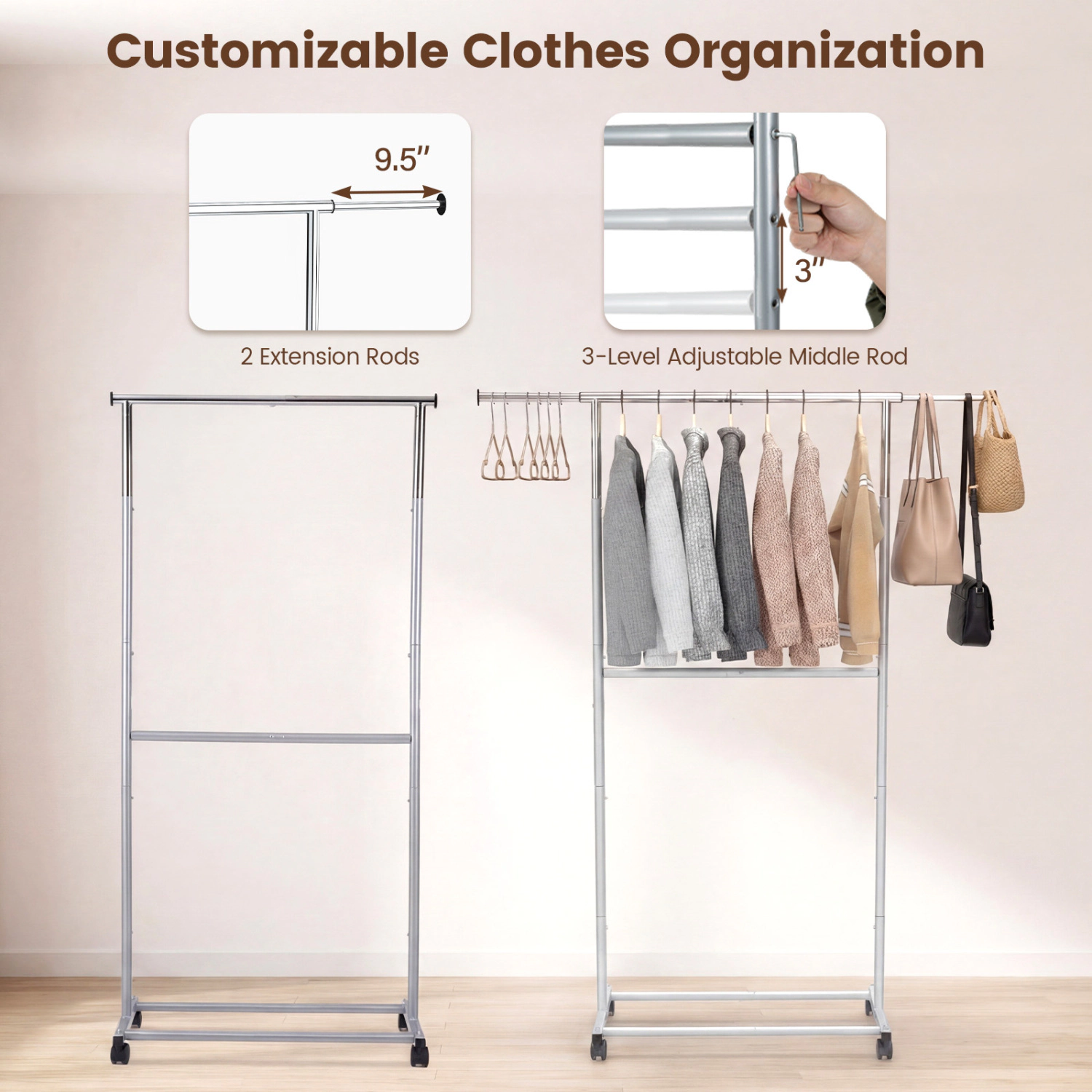 SUGIFT Double-Rod Extendable 3-Level Height Rolling Garment Rack 49.5-in x 17-in x 68-in 45-lb Capacity Silver