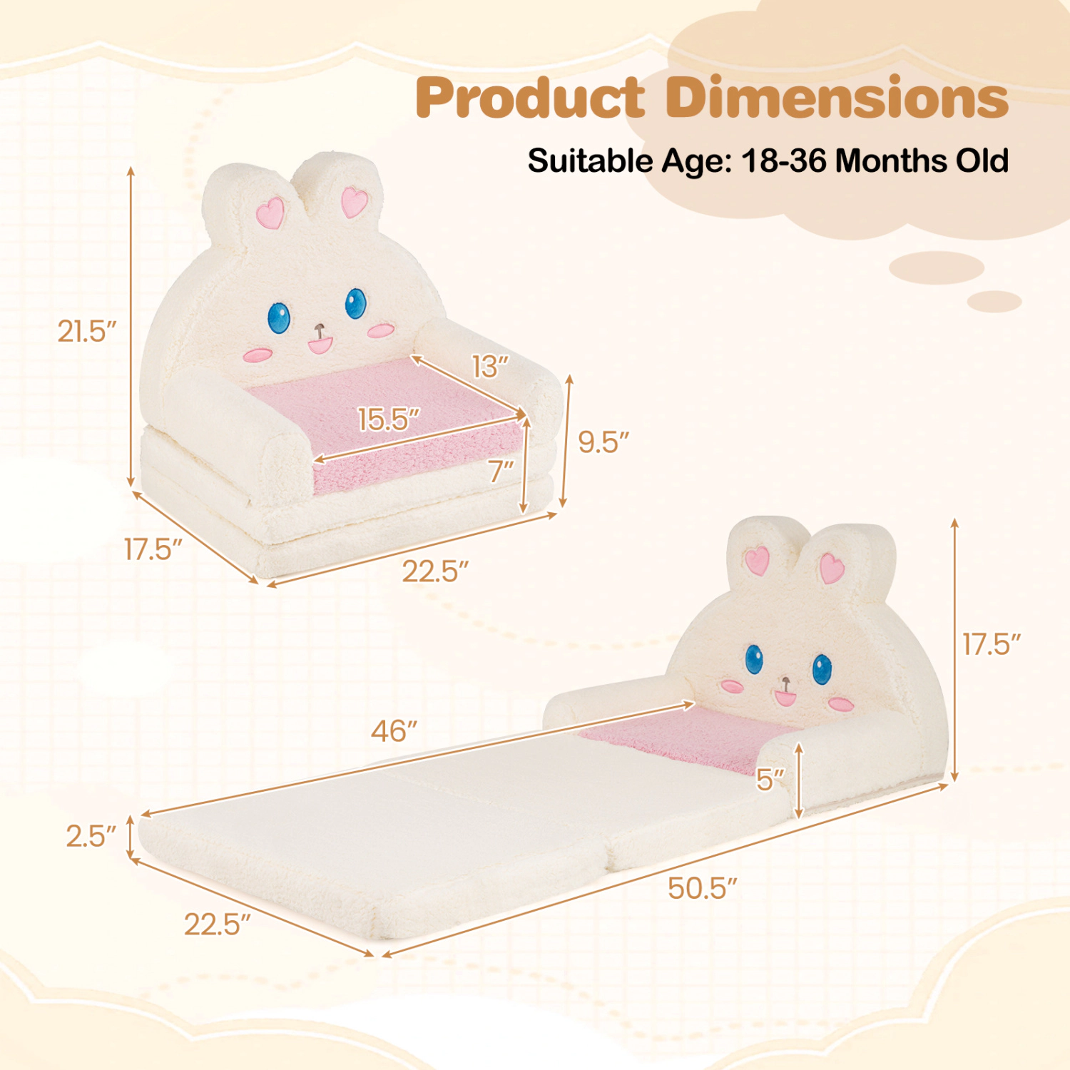 Hivvago 2-In-1 Convertible Kids Sofa To Lounger With Bunny Pattern