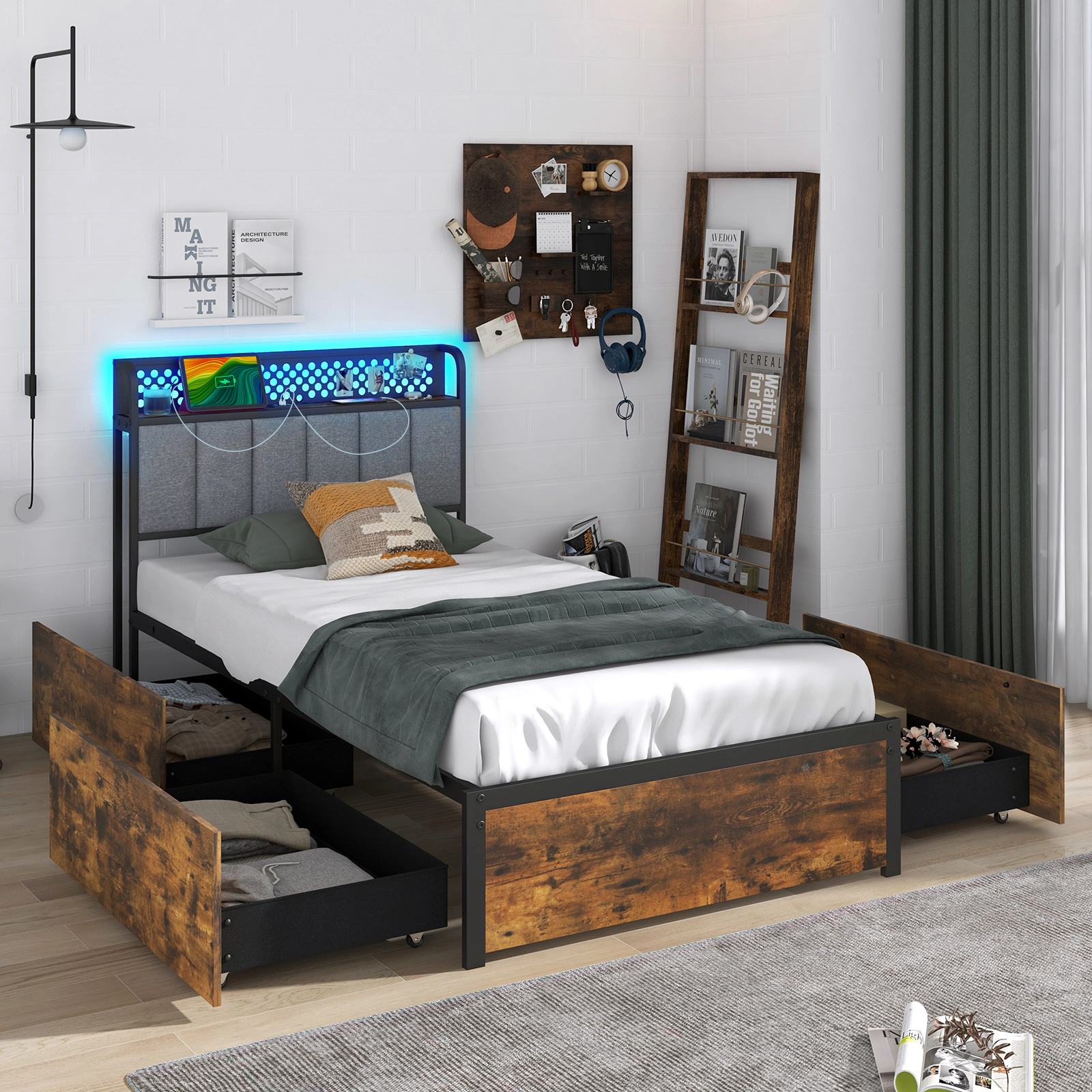 LJG Twin/Full/Queen Bed Frame with LED Lights Upholstered Headboard and 4 Storage Drawers