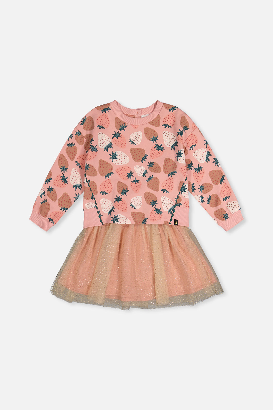 Deux par Girls Strawberry Print Sparkle Mesh Bi-Material Dress