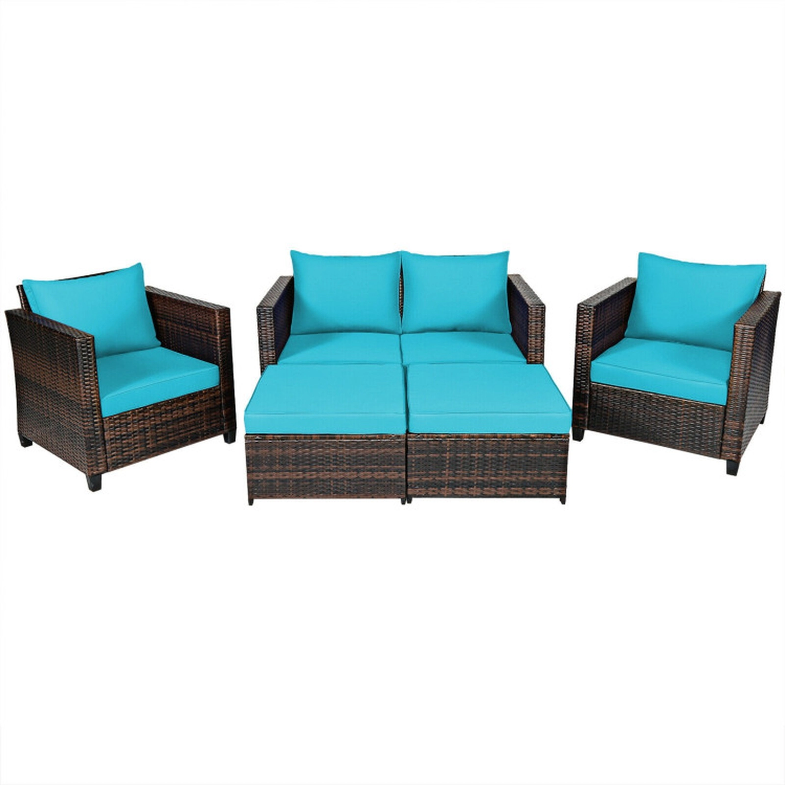SUGIFT Turquoise 2 Ottomans and Cushions 5-Piece Patio Rattan Sectional Sofa Set