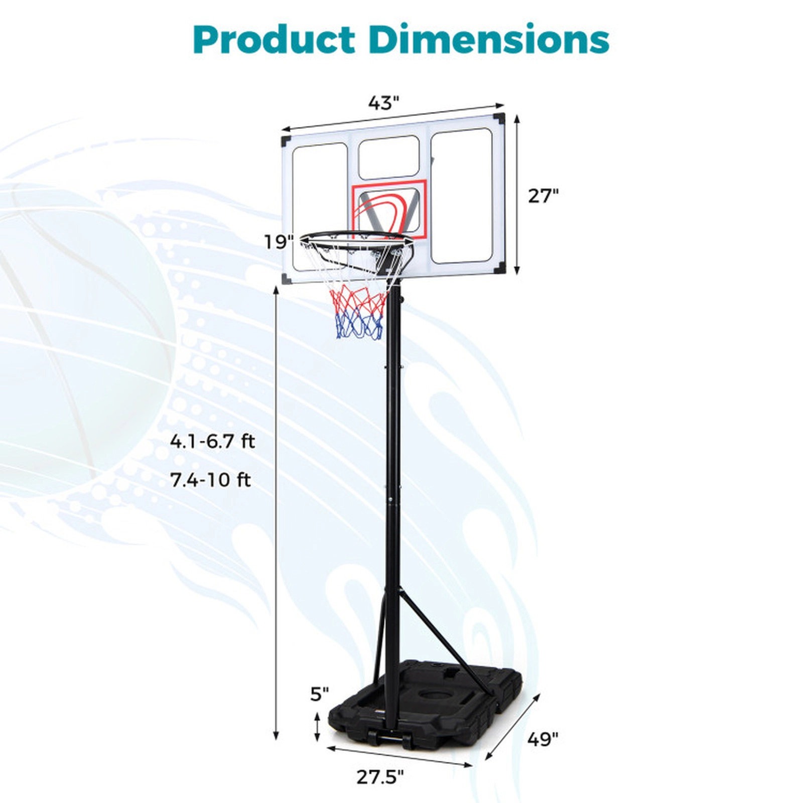 SUGIFT 4.1-ft to 10-ft 18-Level Adjustable Portable Basketball Hoop with 43-in Shatterproof Backboard