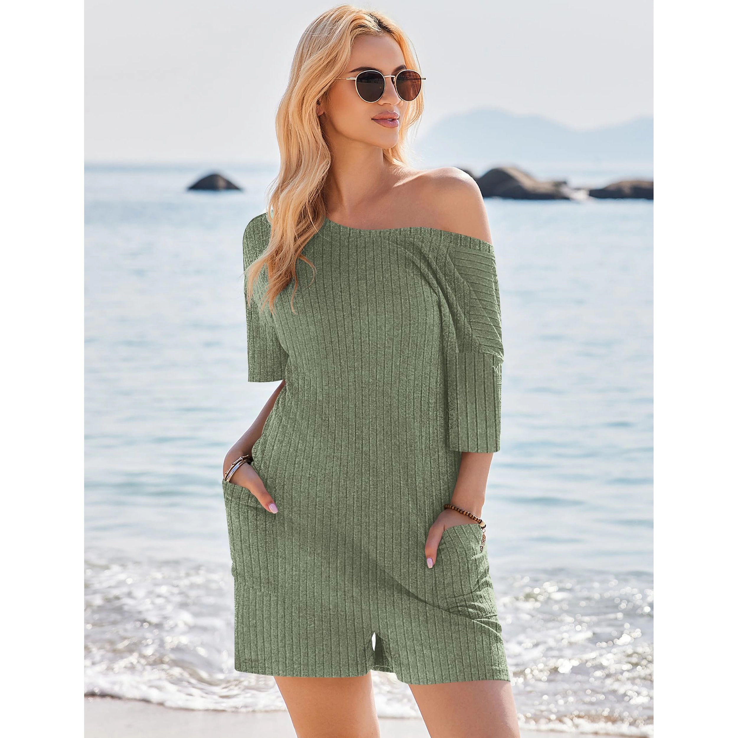 Ekouaer Women's Crew Neck Short Sleeve Ribbed Knit Romper with Pockets