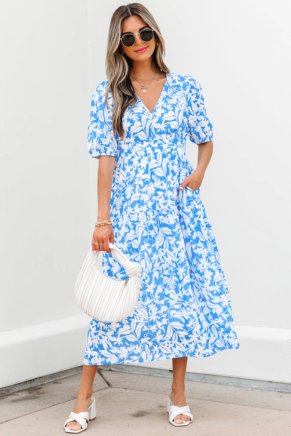Threaded Pear Women's Shannon Floral V Neck Long Dress