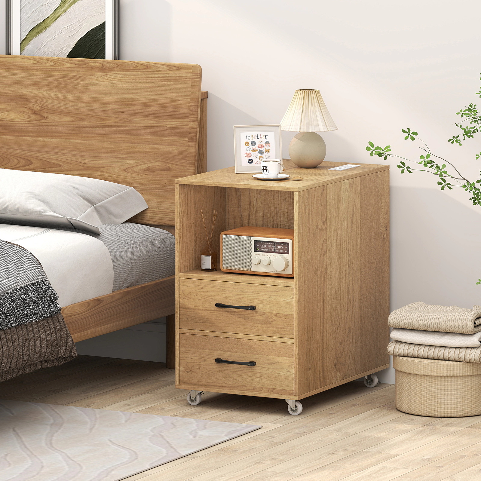 LJG End Table with Built-in Charging Station Sofa Side Bedside on Wheels