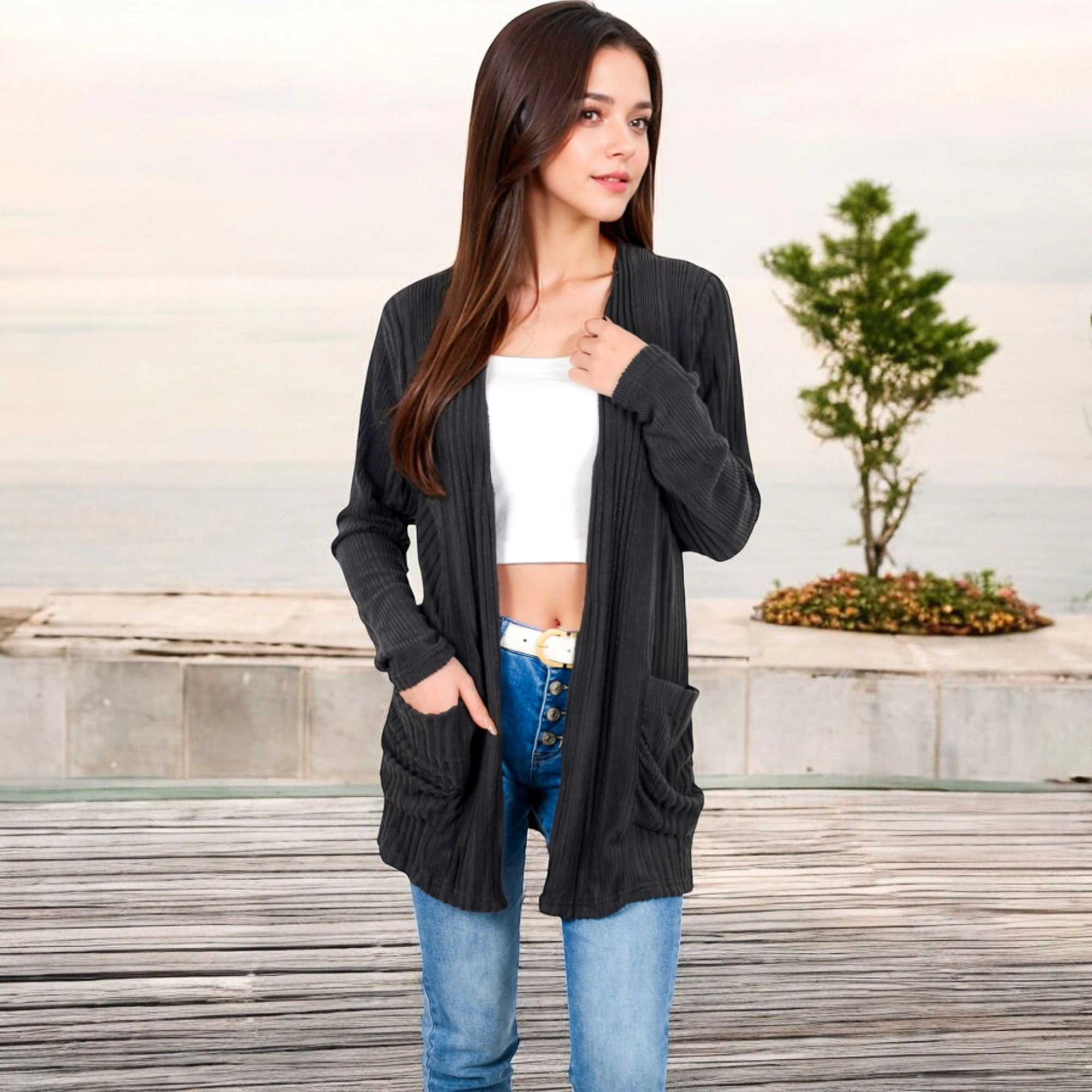 Anna-Kaci Women's Open Front Ribbed Cardigan with Long Sleeves and Pockets