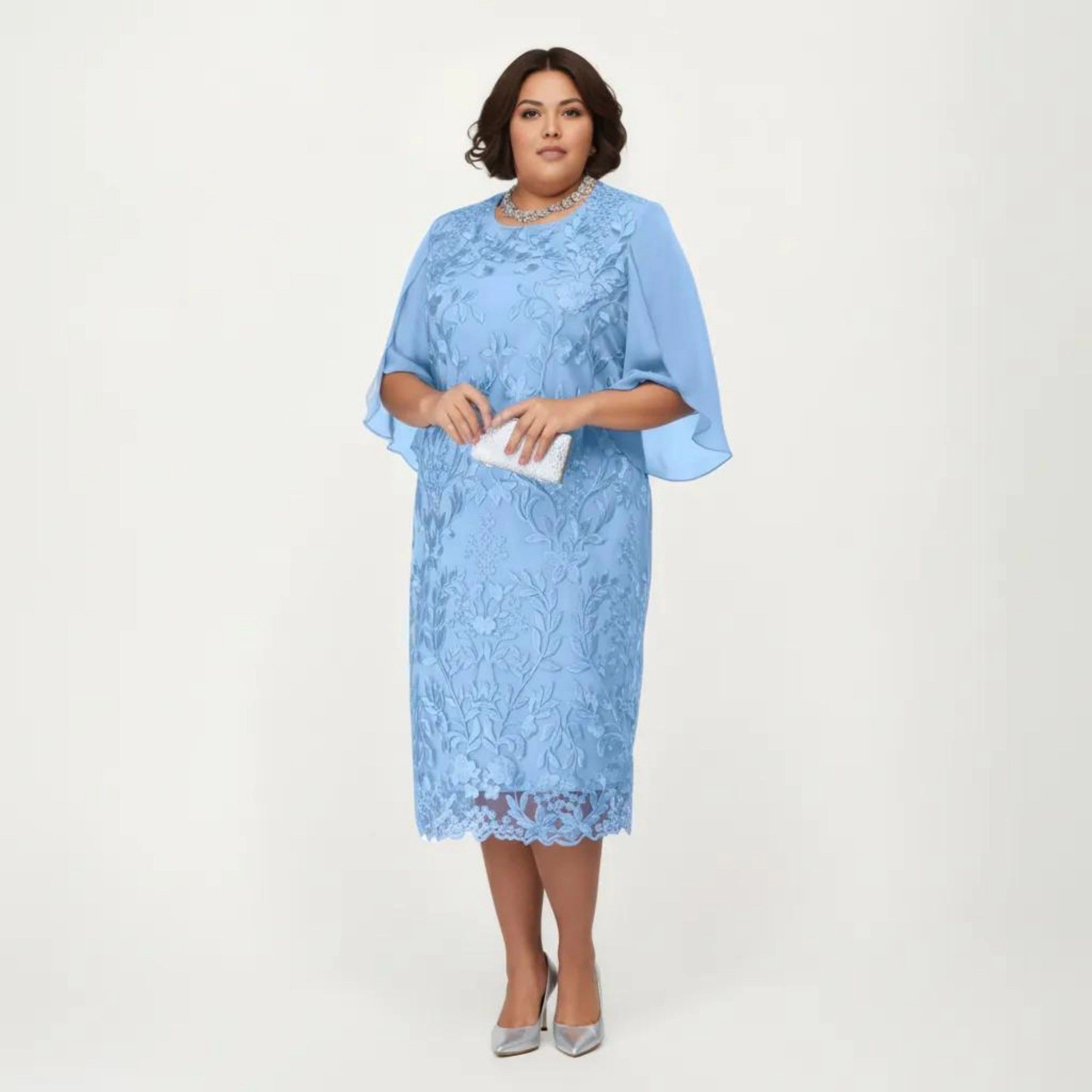 Anna-Kaci Women's Plus Size Lace Sheer Overlay Short Sleeve Loose Fit Elegant Knee Length Midi Dress