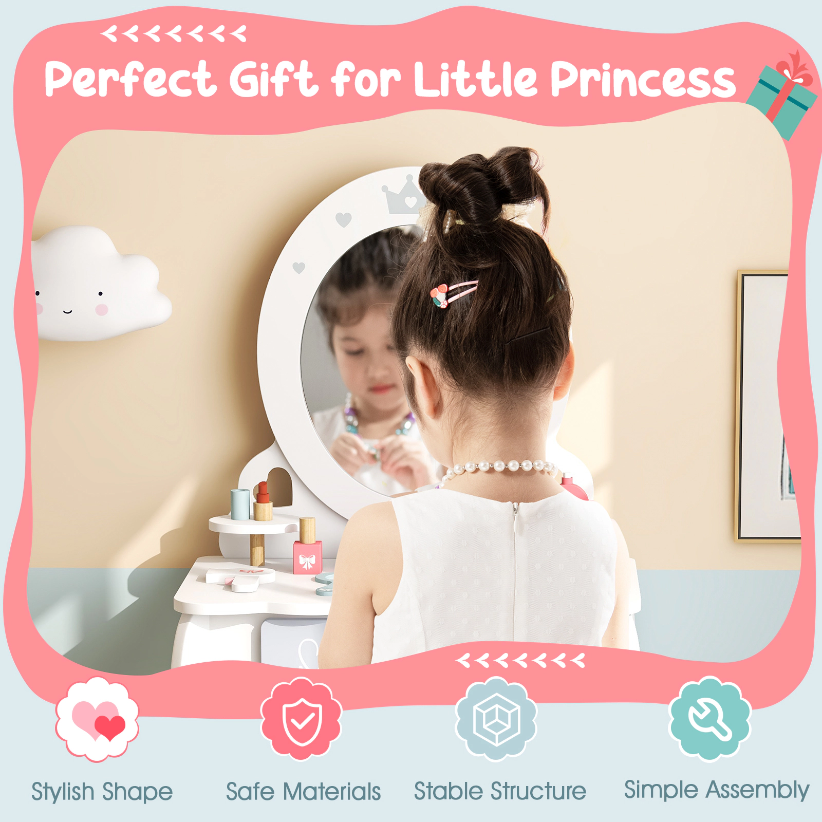 SUGIFT 2-in-1 Princess Makeup Table and Chair Set with Removable Mirror 110-lb Capacity Ages 3+ White