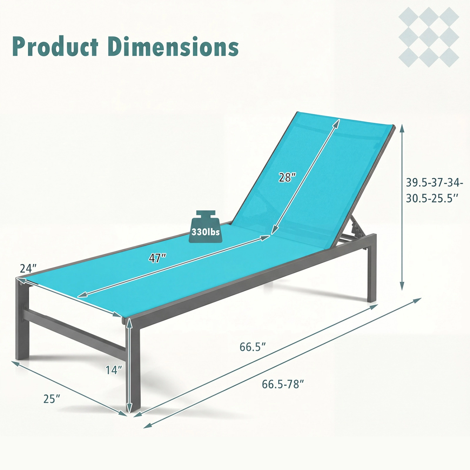 SUGIFT 6-Position Adjustable Chaise Lounge Chair with Rustproof Aluminum Frame 300-lb Capacity 78-in Length Turquoise