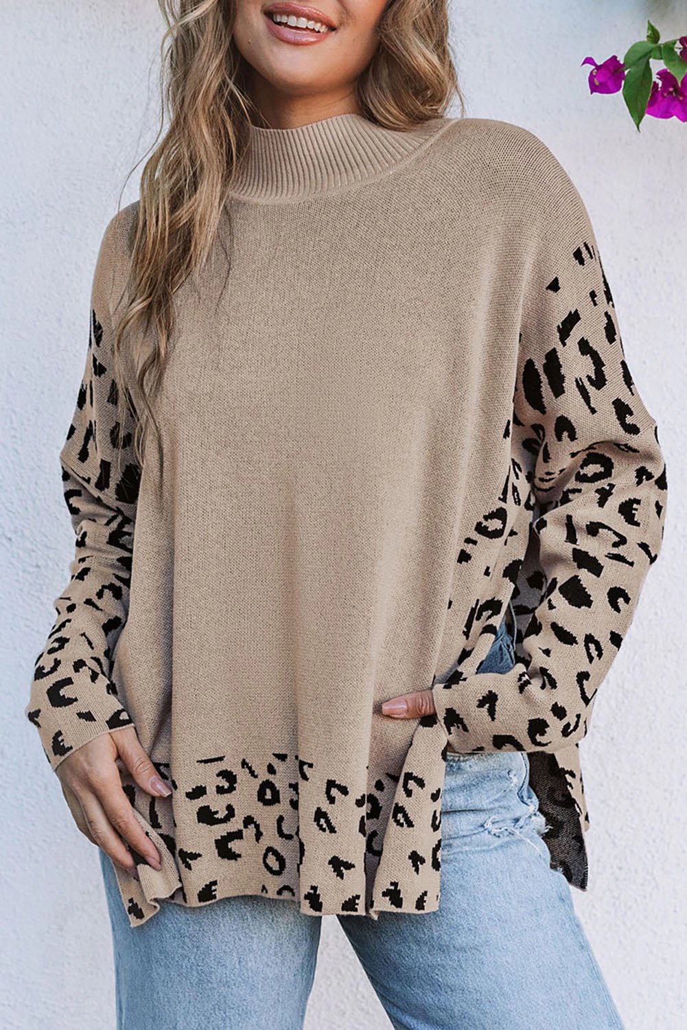 Threaded Pear Women's Sarai Leopard High Neck Side Slit Oversized Sweater