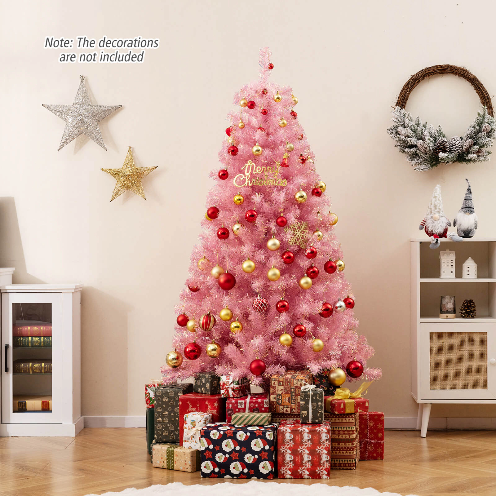 SUGIFT 6-ft Pink Pre-Lit Tinsel Artificial Christmas Tree with Reflective Foil Tips and 8 Lighting Modes