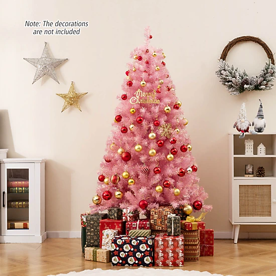 SUGIFT 6-ft Pink Pre-Lit Tinsel Artificial Christmas Tree with Reflective Foil Tips and 8 Lighting Modes