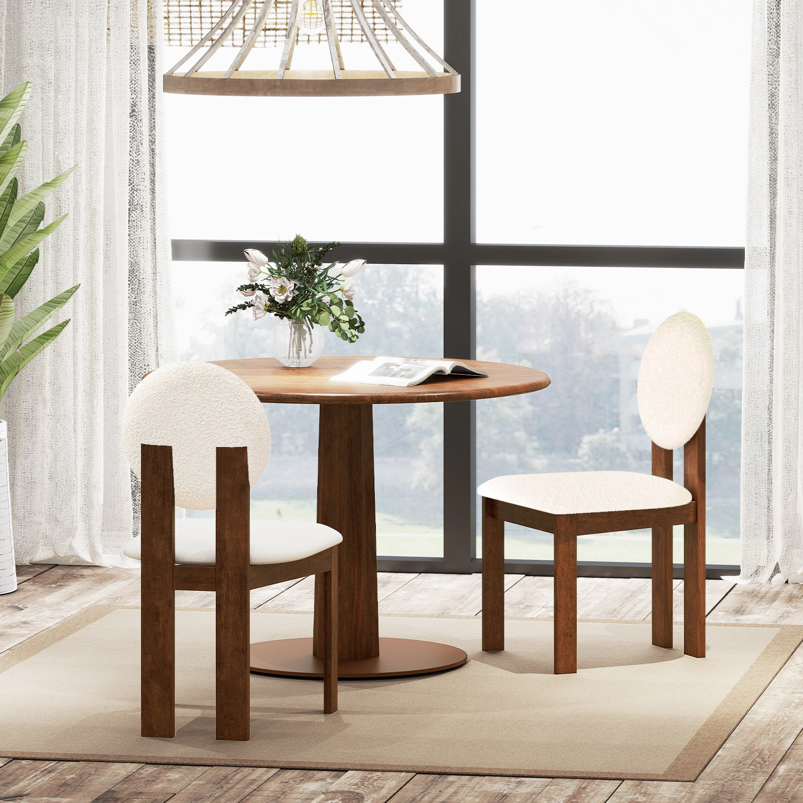 SUGIFT Sherpa Upholstered Dining Chairs Set of 2 with Rubber Wood Legs 330-lb Capacity Cream White and Oak