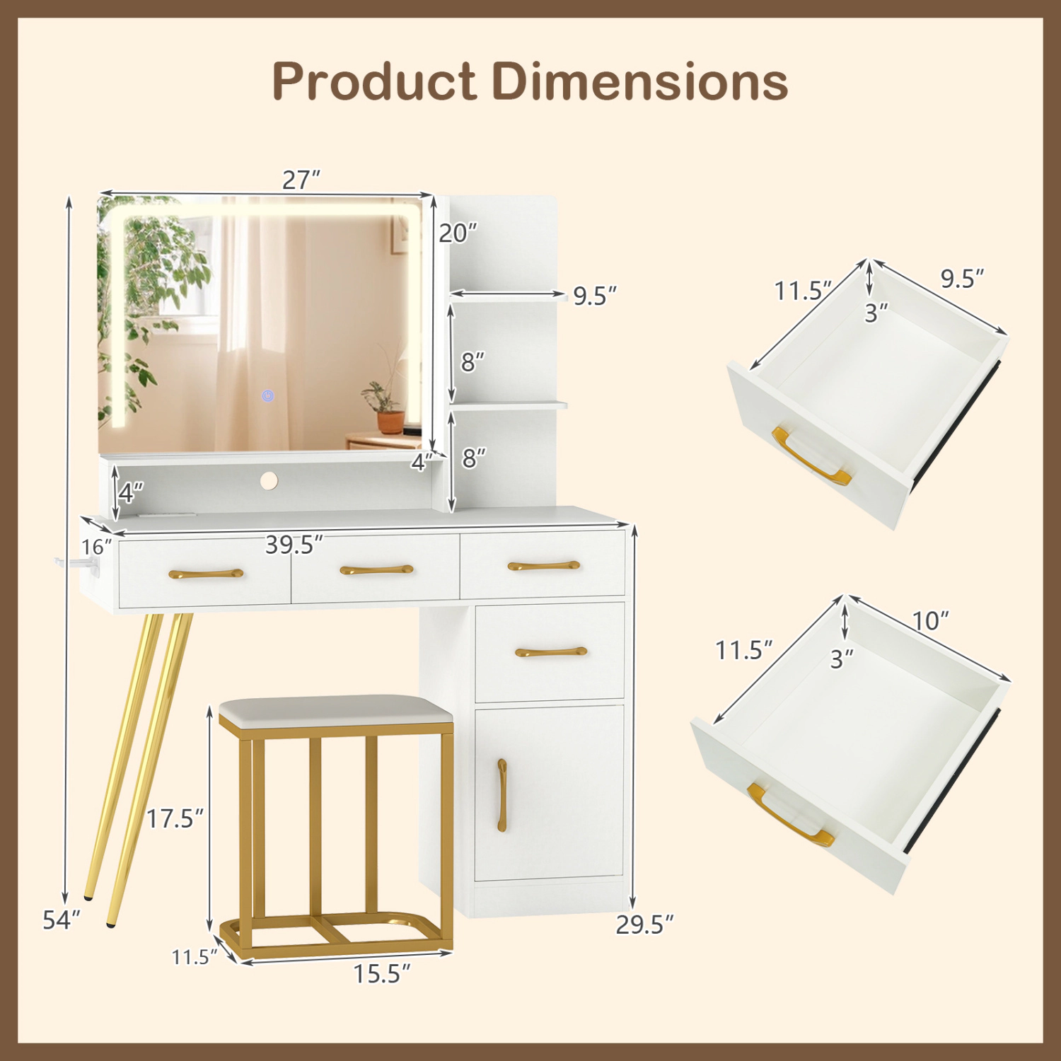 LJG Vanity Set with Mirror and Lights and Table with Adjustable Brightness