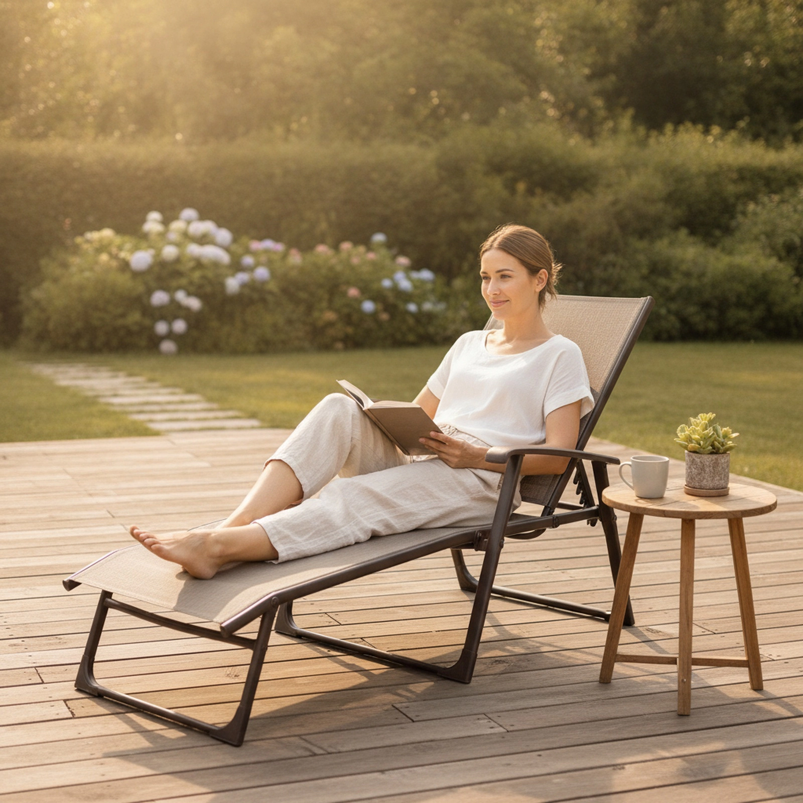 SUGIFT Brown Foldable Chaise Lounge Chair, 5-Angle Backrest, 2-Position Footrest