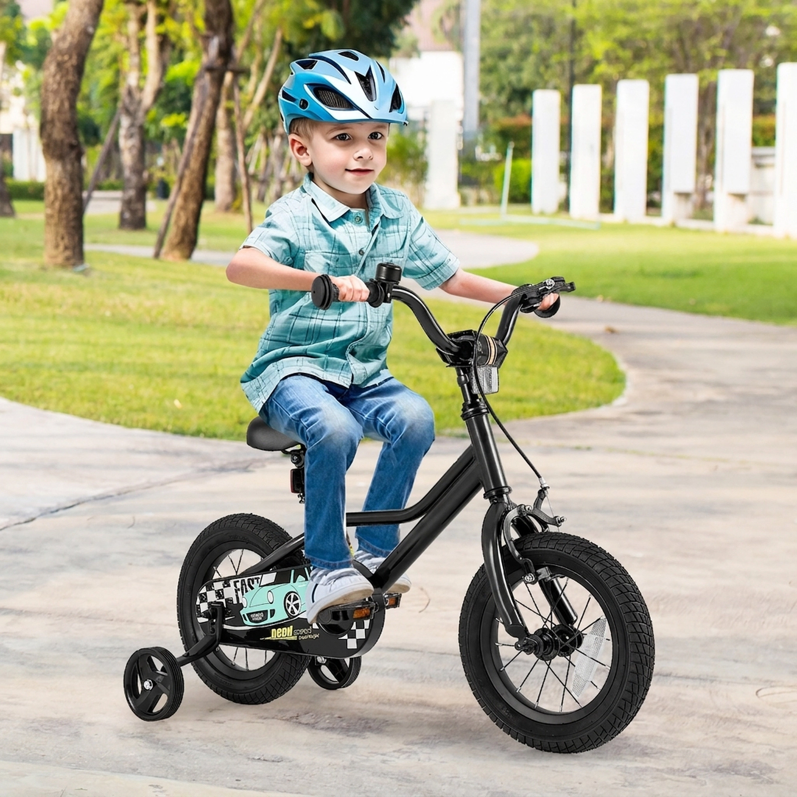 12-in Kids Bike Low-Step Frame Removable Training Wheels Ages 3-4 Black Bicycle Hand Brake Bell 100-lb Seat Capacity