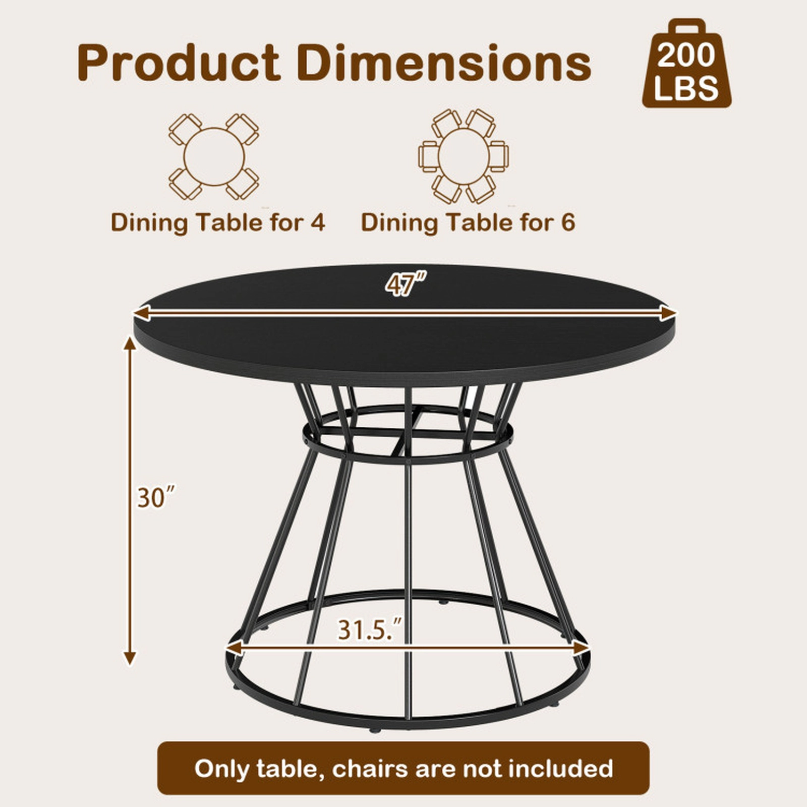 SUGIFT 47-in Round Farmhouse Dining Table for 4 with MDF Tabletop and Metal Frame 200-Lb Capacity Black