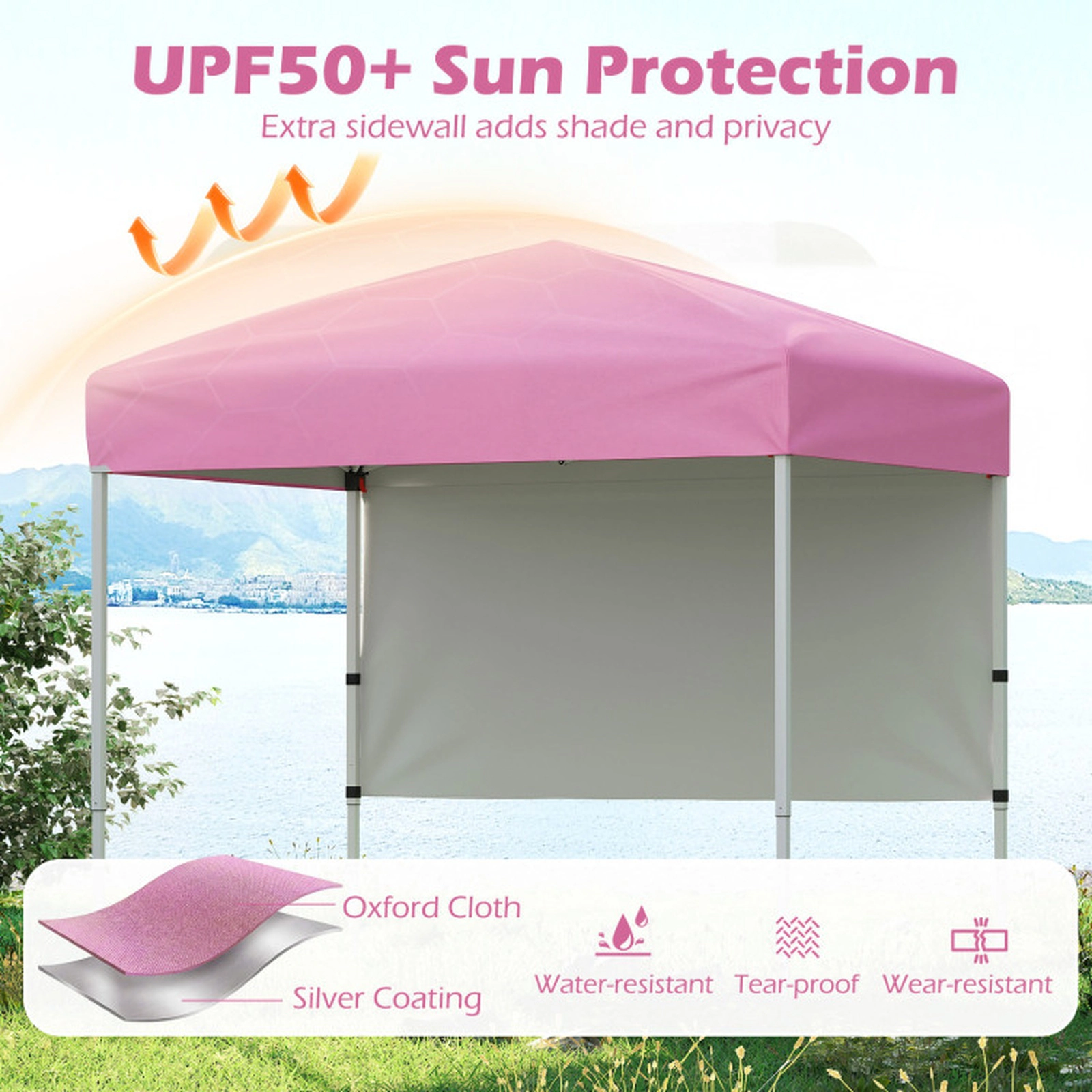 SUGIFT Pink Adjustable Folding Pop Up Canopy Tent with 1 Half Sidewall and Anchor Plates 6-ft W 4-ft D 6.6-ft H