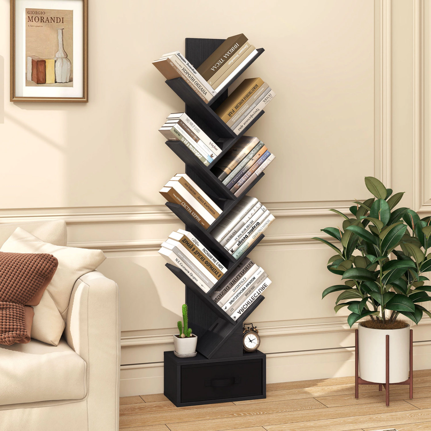 LJG 10-Tier Bookshelf with Drawer Free-Standing Storage Bookcase