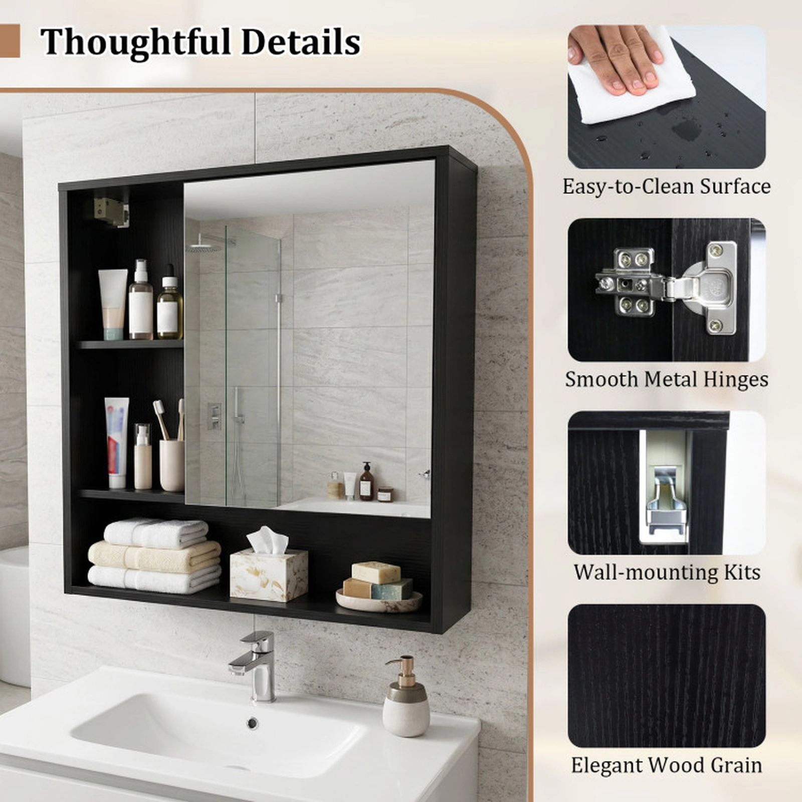 SUGIFT Black 22-lb Countertop Wall-Mounted Bathroom Mirror Cabinet with 2 Hidden Shelves and 3 Open Compartments