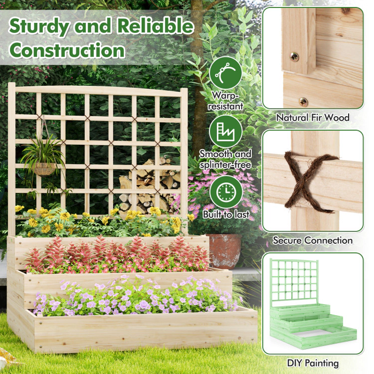 Hivvago 3-Tier Raised Garden Bed with Lattice Trellis and Open-Ended Base-Natural