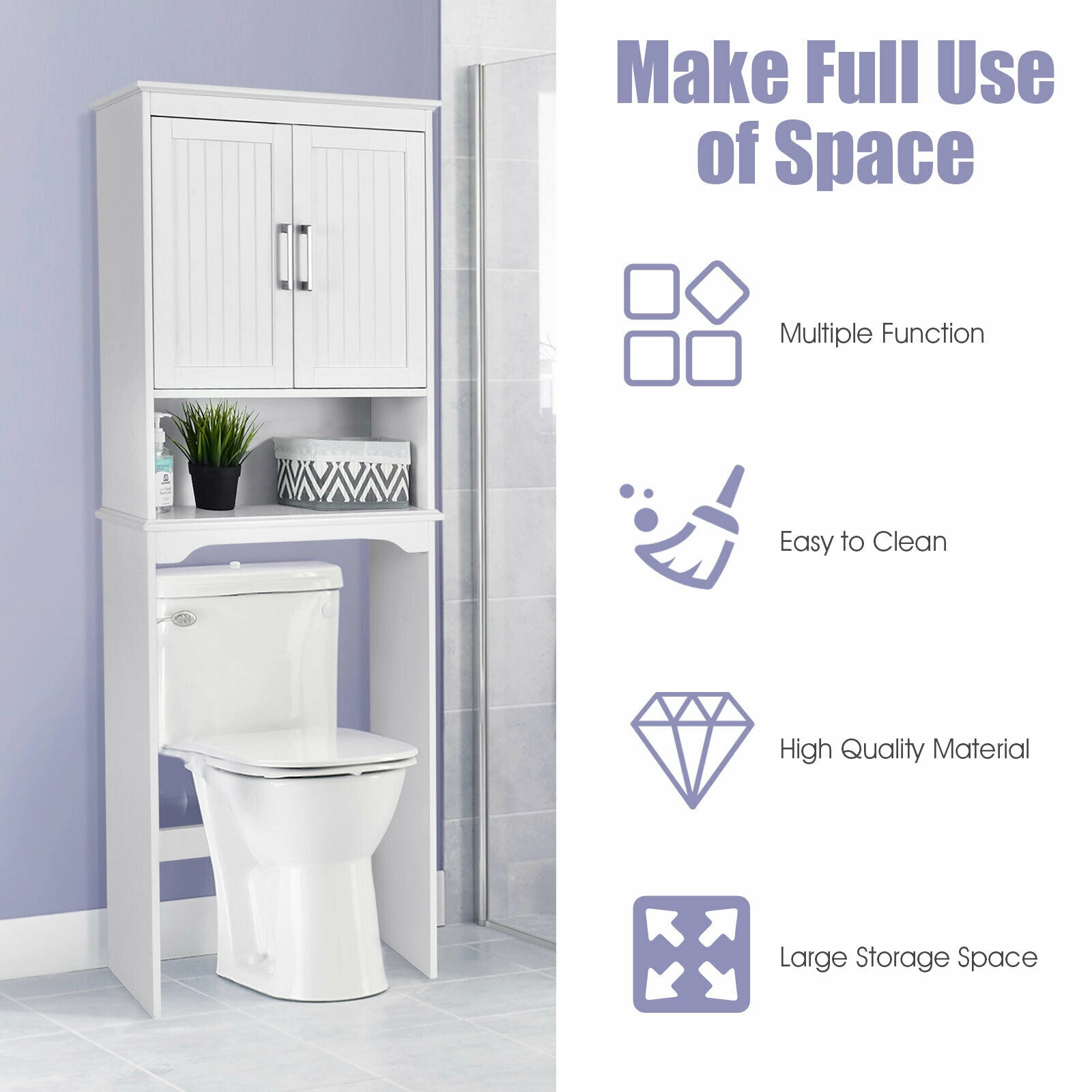 SUGIFT Over Toilet Space Saver White Bathroom Organizer with Storage Cabinet and Open Compartment