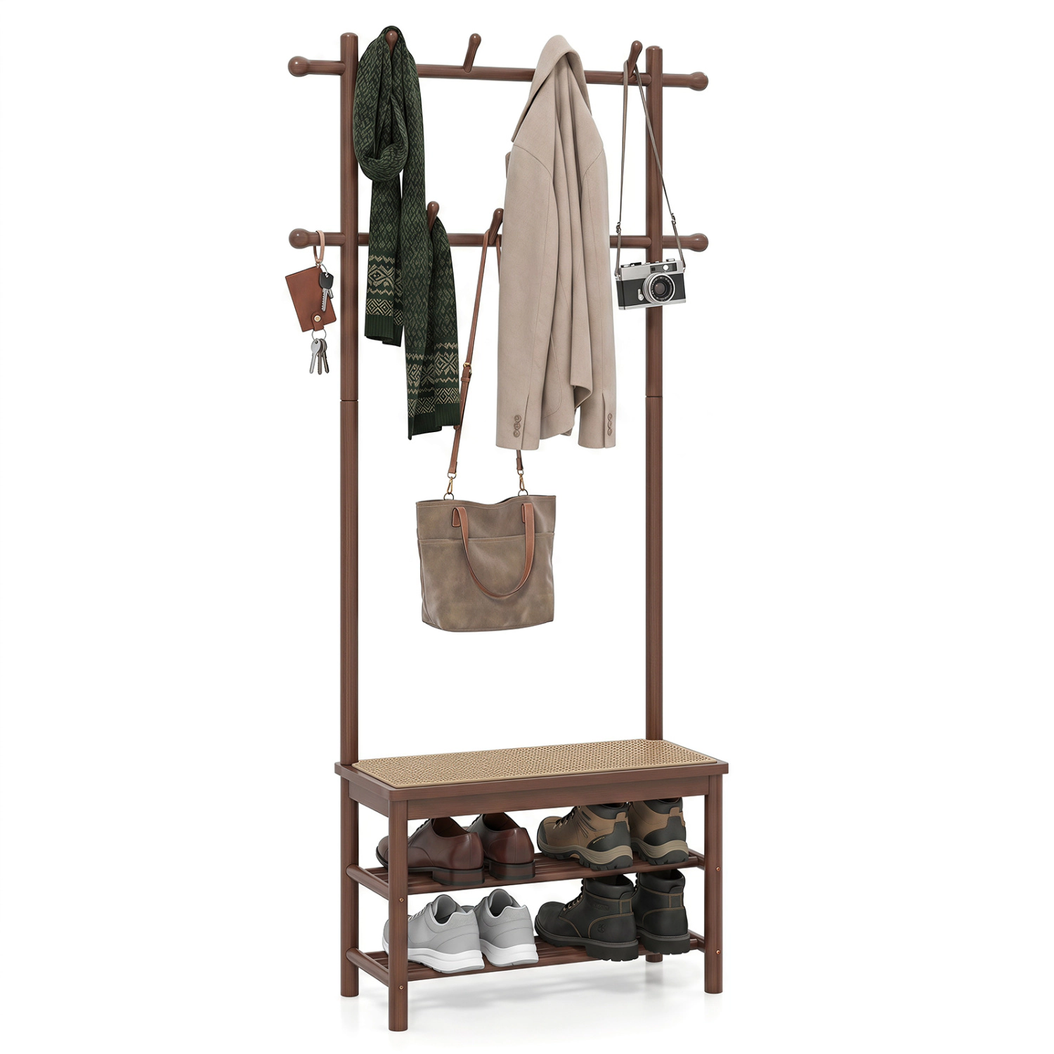 Glintex 3-in-1 Bamboo Hall Tree with 11 Rounded Hooks and PE Rattan Panels