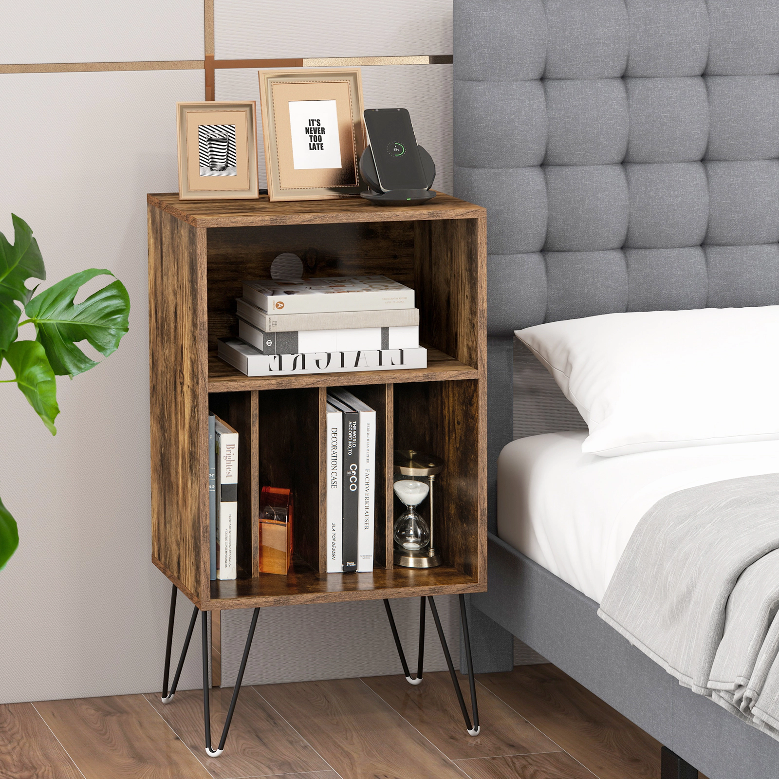 SUGIFT 3-Tier Record Player Stand with Charging Station Accent Table 110-lb Top Capacity Rustic Brown