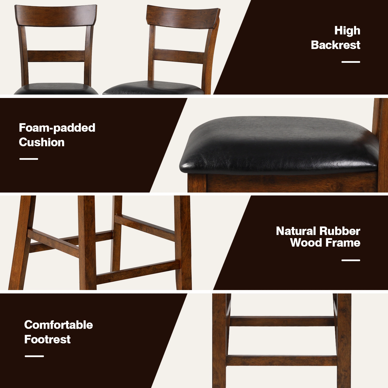 SUGIFT Brown PVC Leather Seat and Rubber Wood Legs 2 Piece Counter Height Bar Stool Set