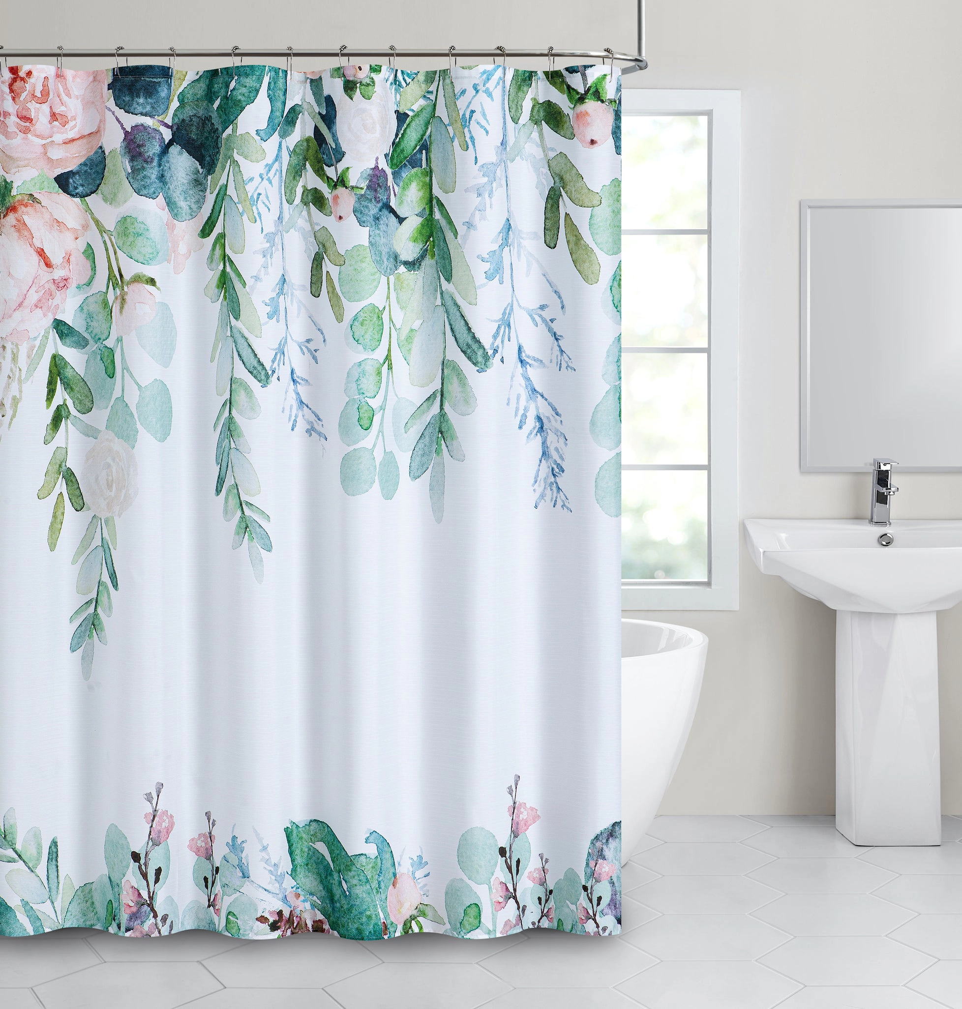 Dainty Home Floral Waterfall Printed Fabric 3D Designed Textured Fabric Shower Curtain 70" x 72"