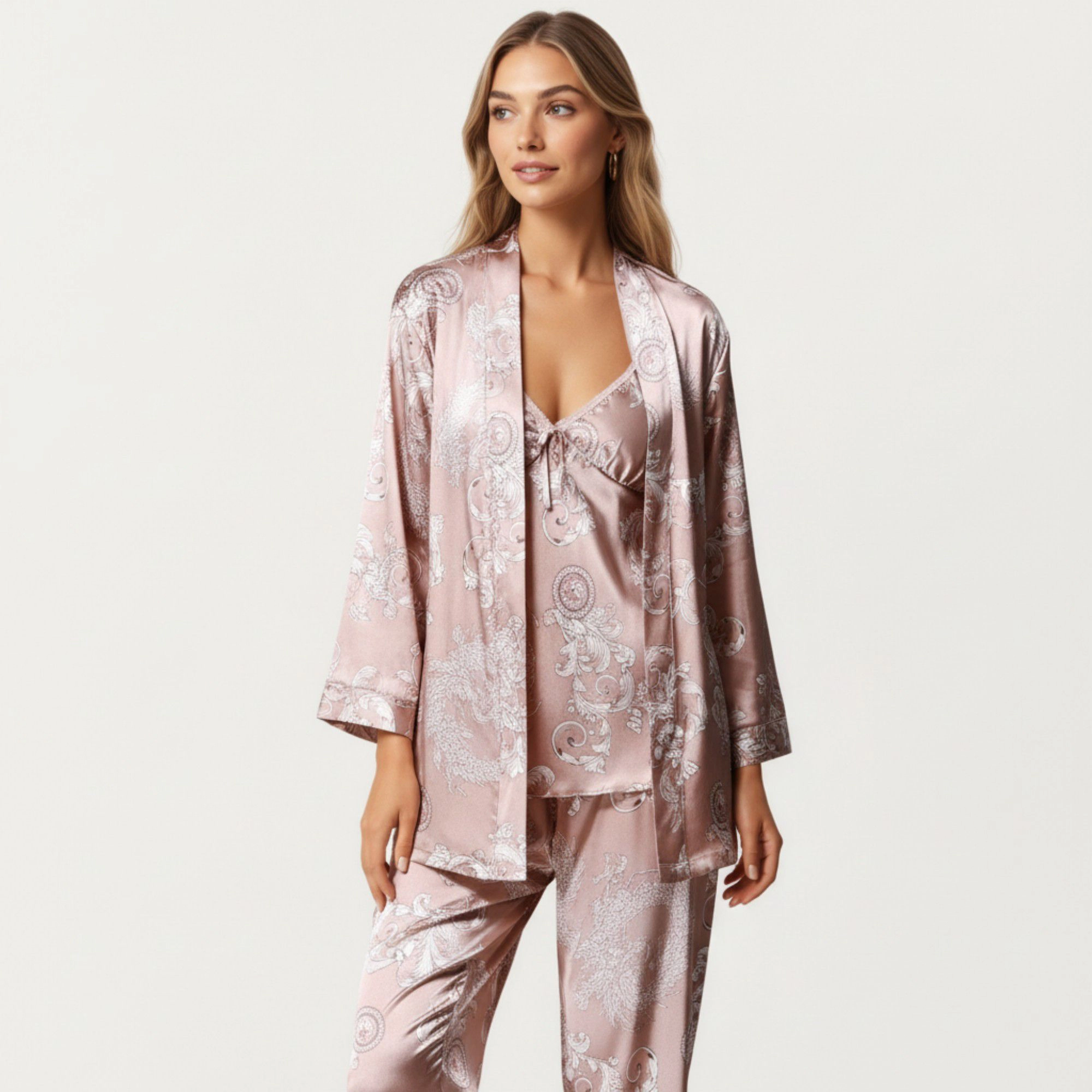 Anna-Kaci Women's 3-Piece Satin Baroque Print Pajama Cami with Matching Robe and Relaxed Straight Leg Pants