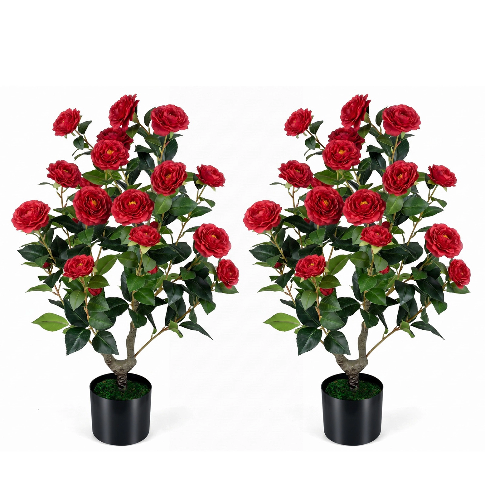 SUGIFT 2-Pack Artificial Camellia Tree Faux Flower Plant in Cement-Filled Pot 35.5-in Tall PE Trunk with Grass Red