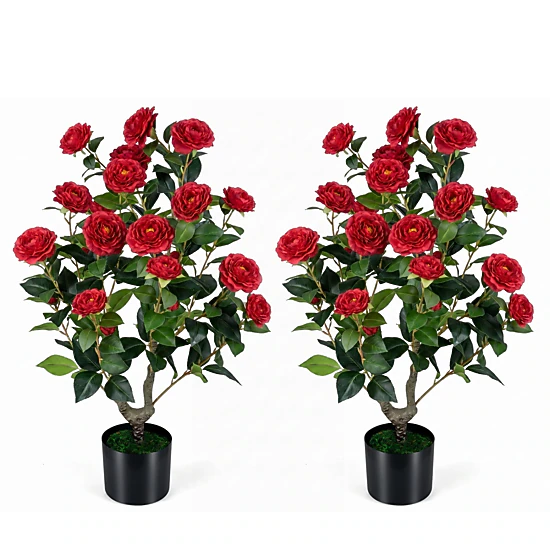 SUGIFT 2-Pack Artificial Camellia Tree Faux Flower Plant in Cement-Filled Pot 35.5-in Tall PE Trunk with Grass Red