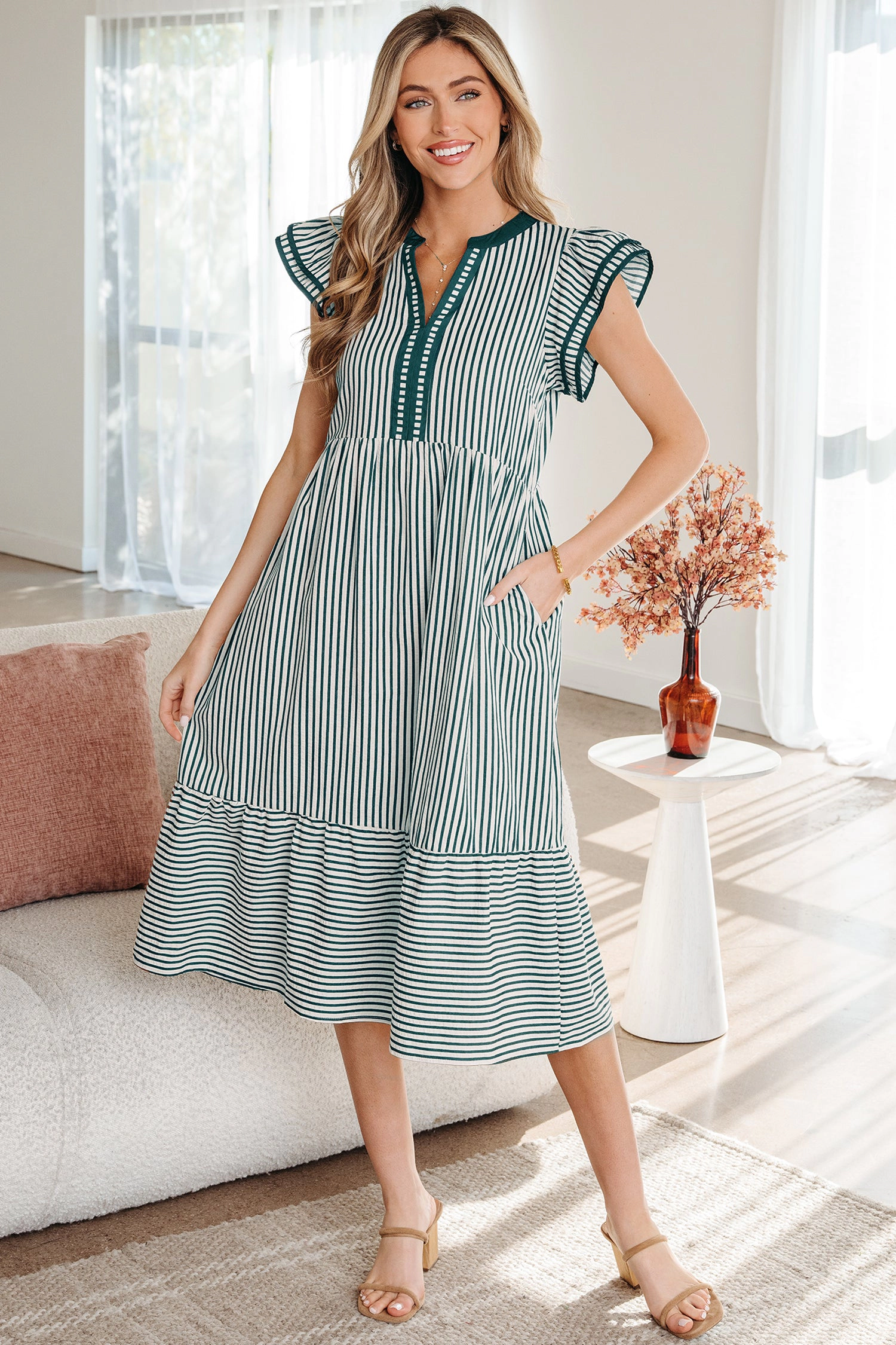 Threaded Pear Womens Ophelia Contrast Trim Striped Midi Dress