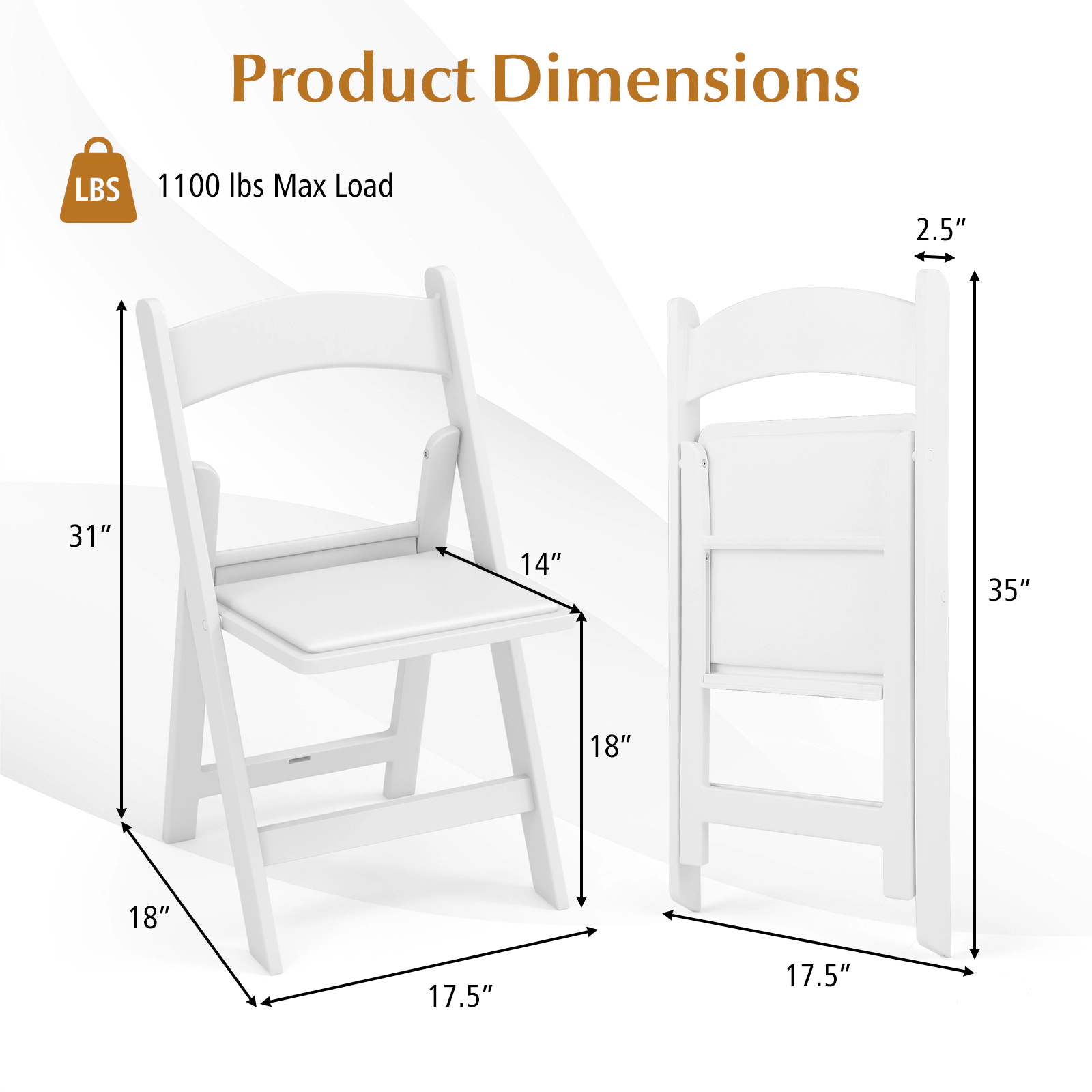 SUGIFT 4 Pack Resin Folding Chairs with Padded Seat 1100-lb Capacity 18-in Seat Height White