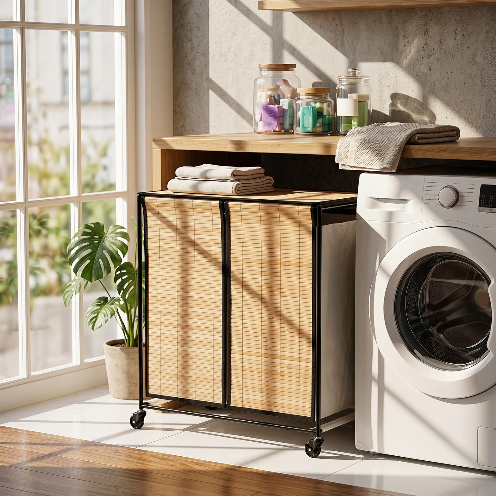 SUGIFT 18.5 Gallon Laundry Hamper Natural 2-Section with Lid and Lockable Wheels