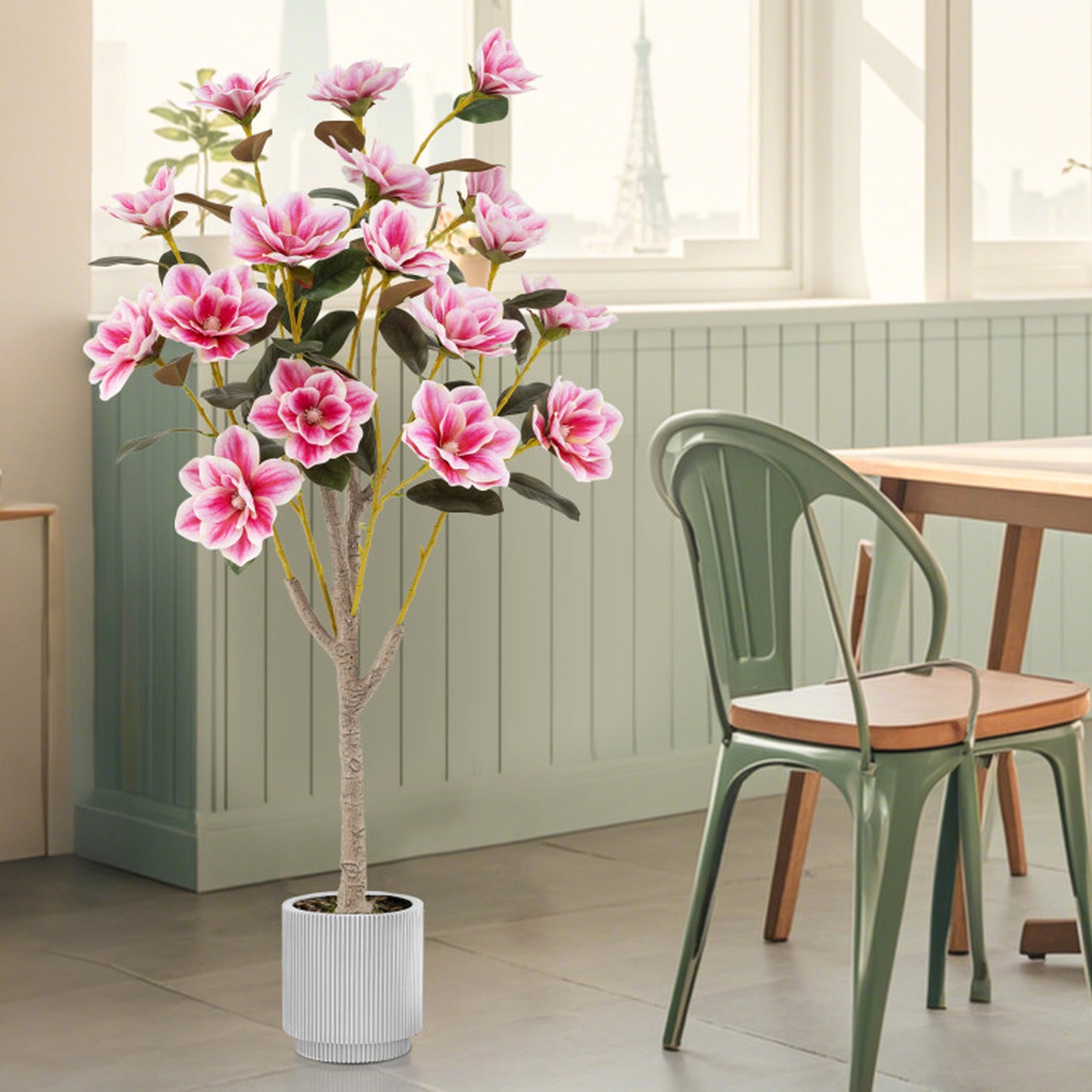 SUGIFT 51-in Peva Leaves Multi-Branch Trunks No-Watering Faux Magnolia Tree 6-in x 5-in Cement Pot 9-lb Pink