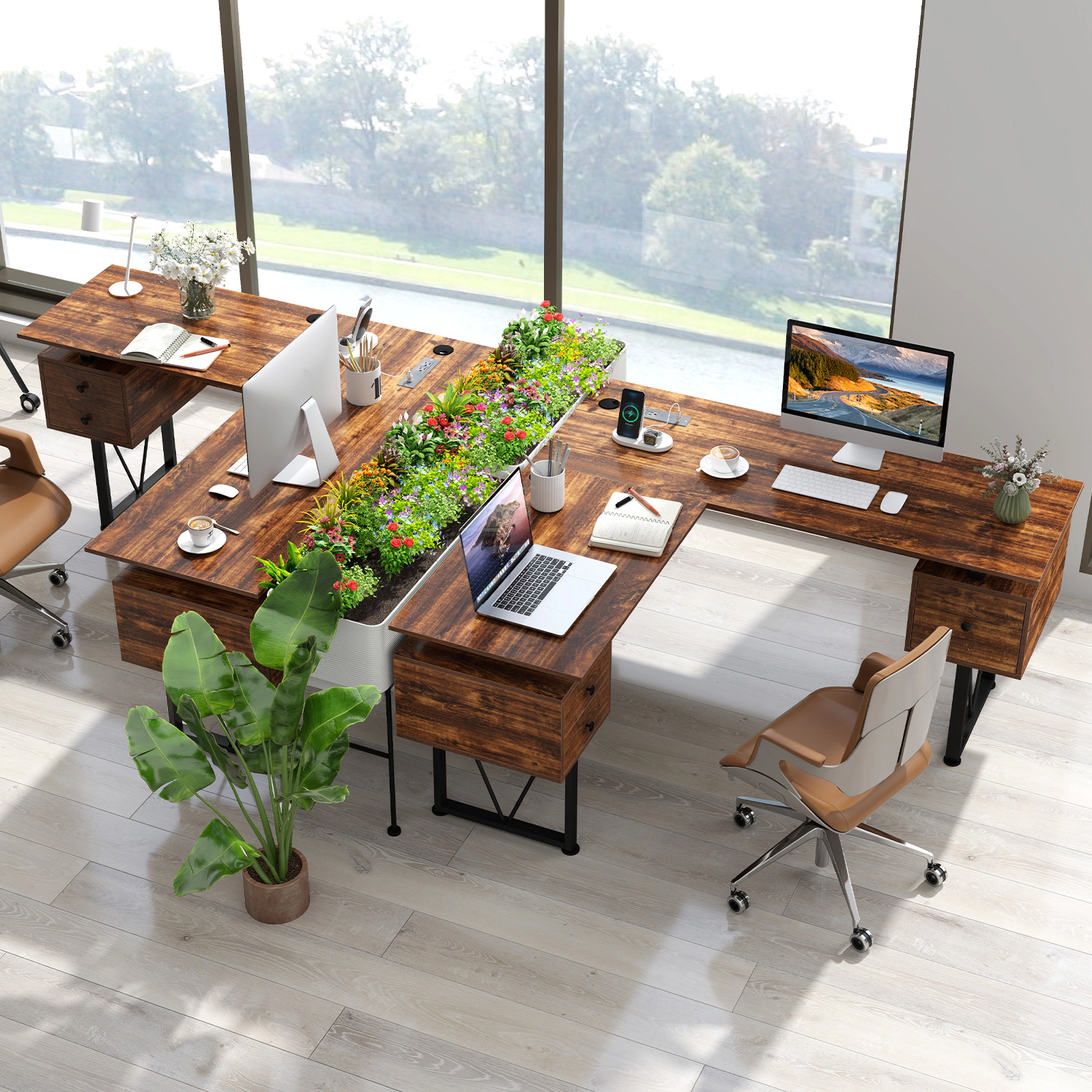 LJG L-shaped Computer Desk with Power Outlets and 3 Storage Drawers