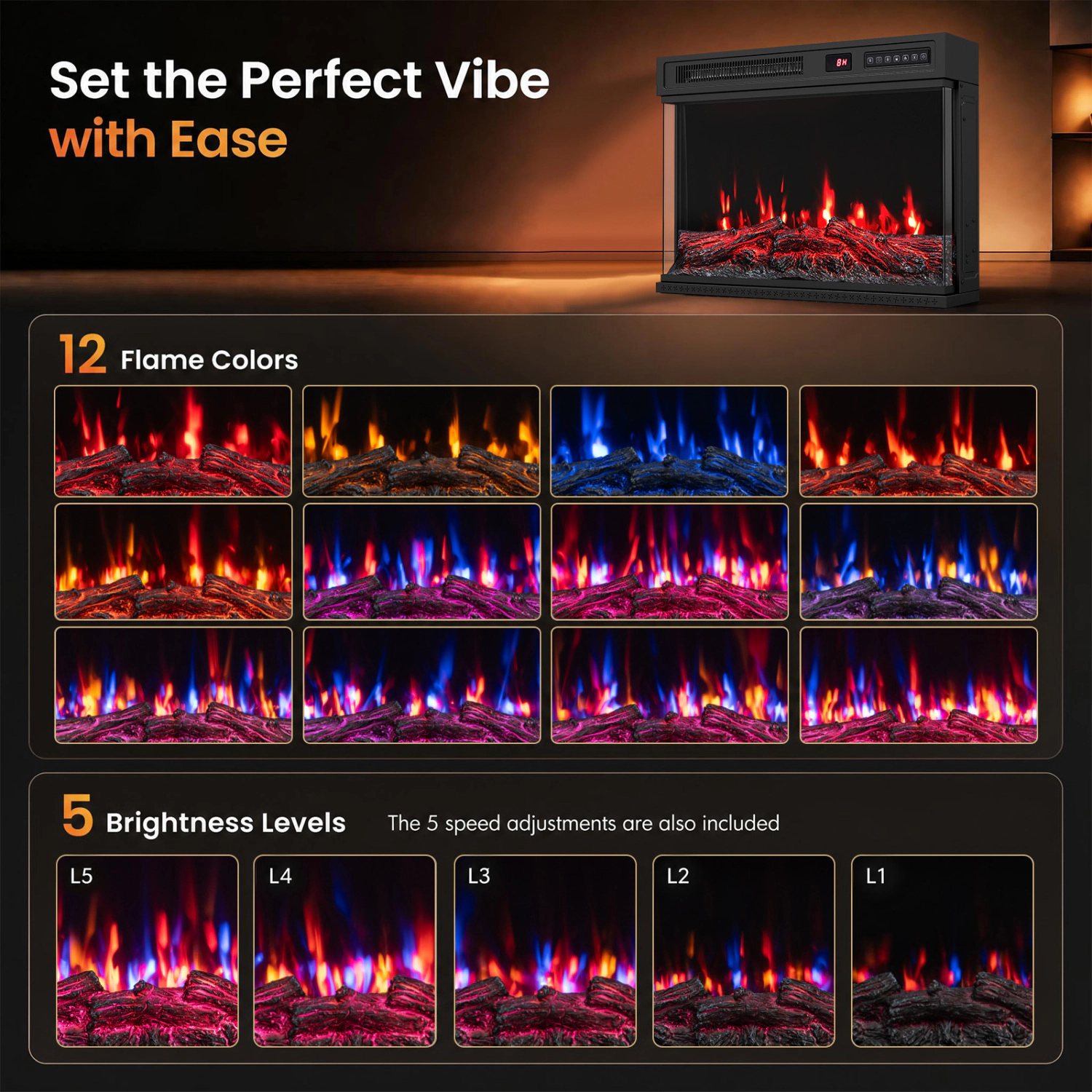 LJG 24/40/50/60 Inch 3-Sided Built-in Electric Fireplace Insert with 12 Flame Colors-24"